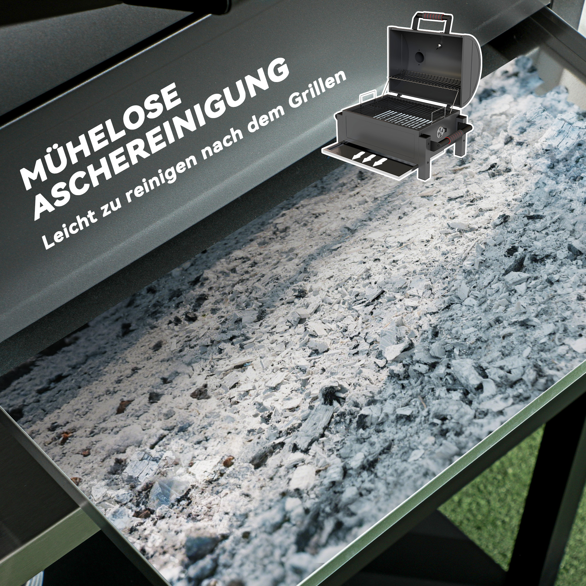 Kohlegrill mit Deckel, Warmhalterost, Aschefach, Thermometer, rostfrei, 67 x 53 x 55cm, Schwarz/Rot
