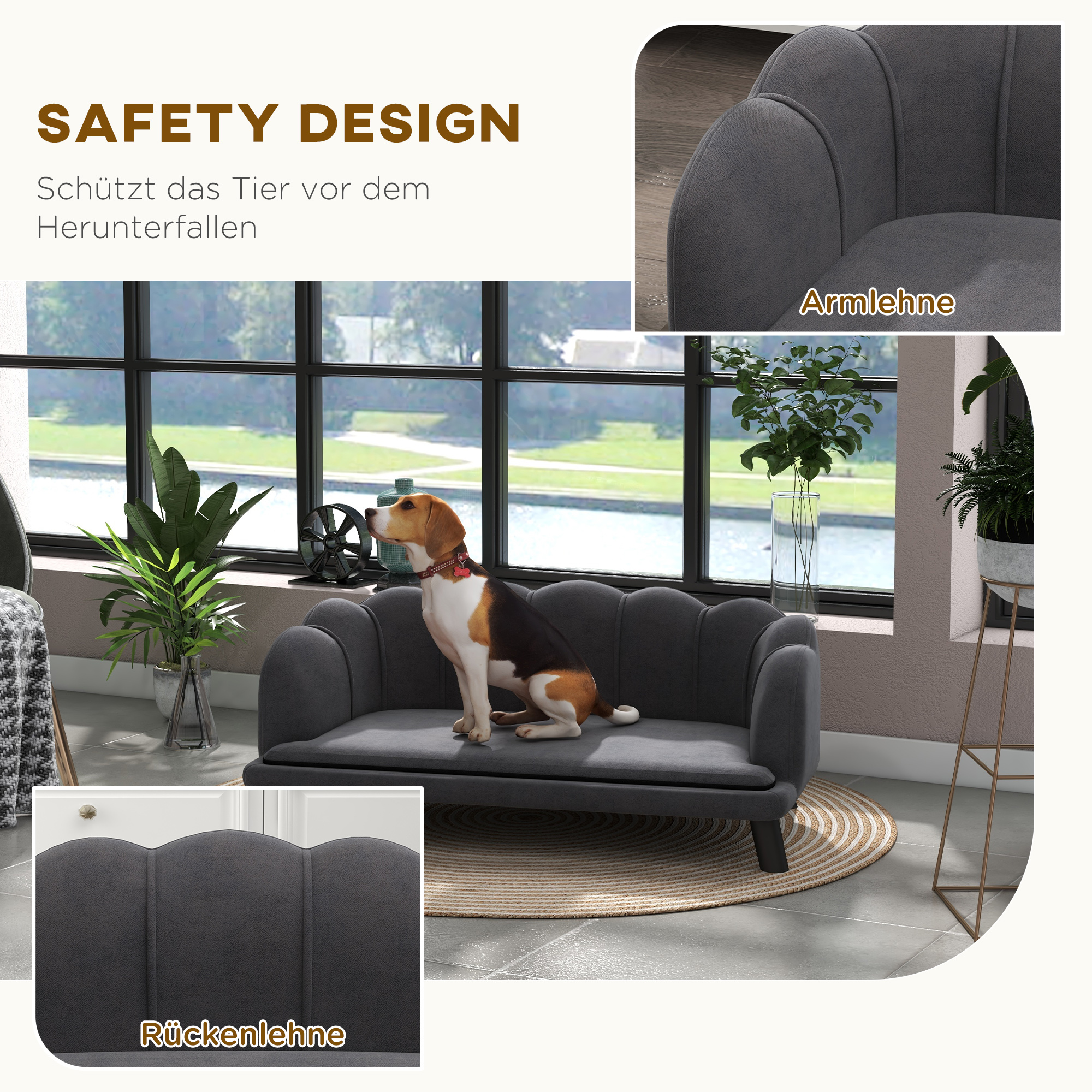 Hundesofa Hundecouch, Waschbarer Bezug, Haustiersofa mit Rückenlehne und Holzbeine, Katzensofa, für mittelgroße Hunde unter 25 kg, Dunkelgrau