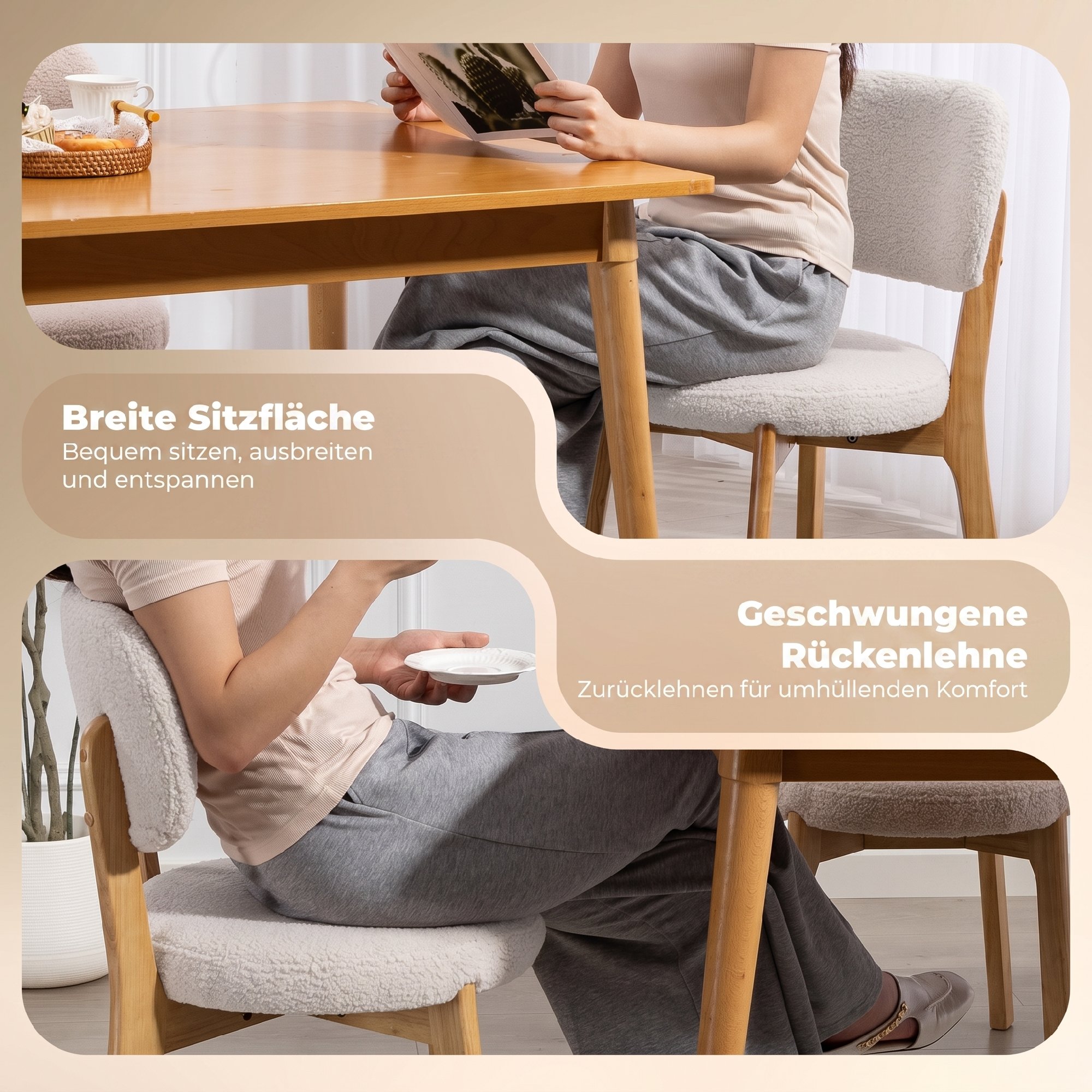 Esszimmerstühle 2er-Set, Küchenstuhl mit breitem Sitz, geschwungener Rückenlehne, für Wohnzimmer, Esszimmer, Creme