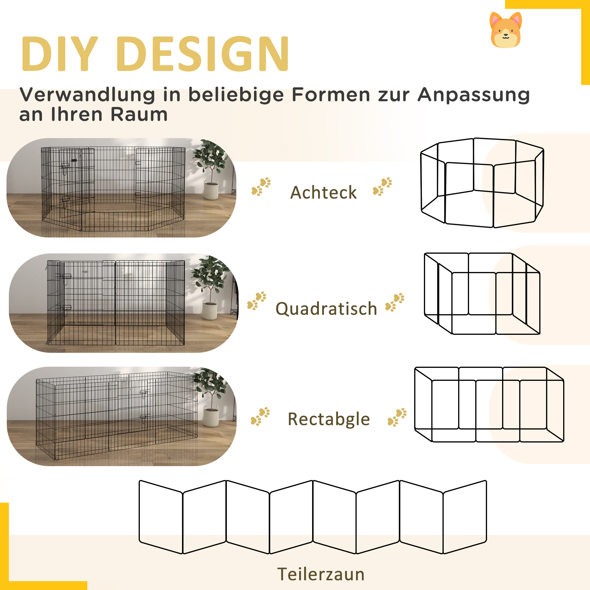 Haustierlaufstall, Spielgehege für Welpen und kleine Hunde, mit Tür, Indoor- und Outdoor-tauglich, 76 cm, Schwarz