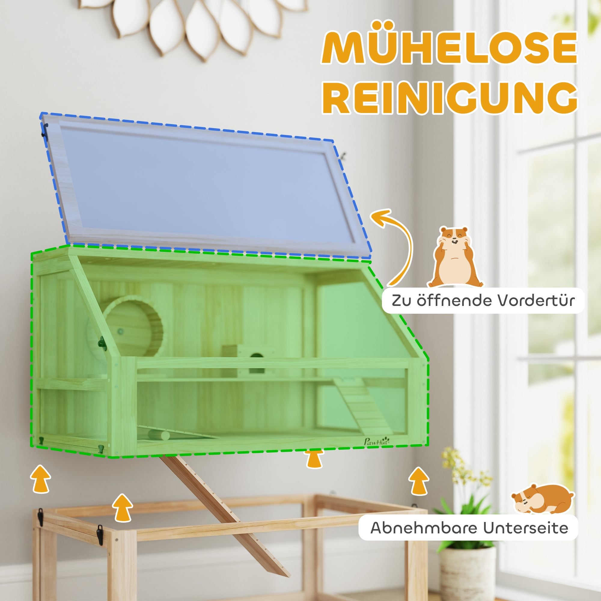Hamsterkäfig aus Holz 3 Etagen Nagarium Nagerkäfig mit klappbarem Deckel Laufrad 80 x 50 x 76 cm Naturholz
