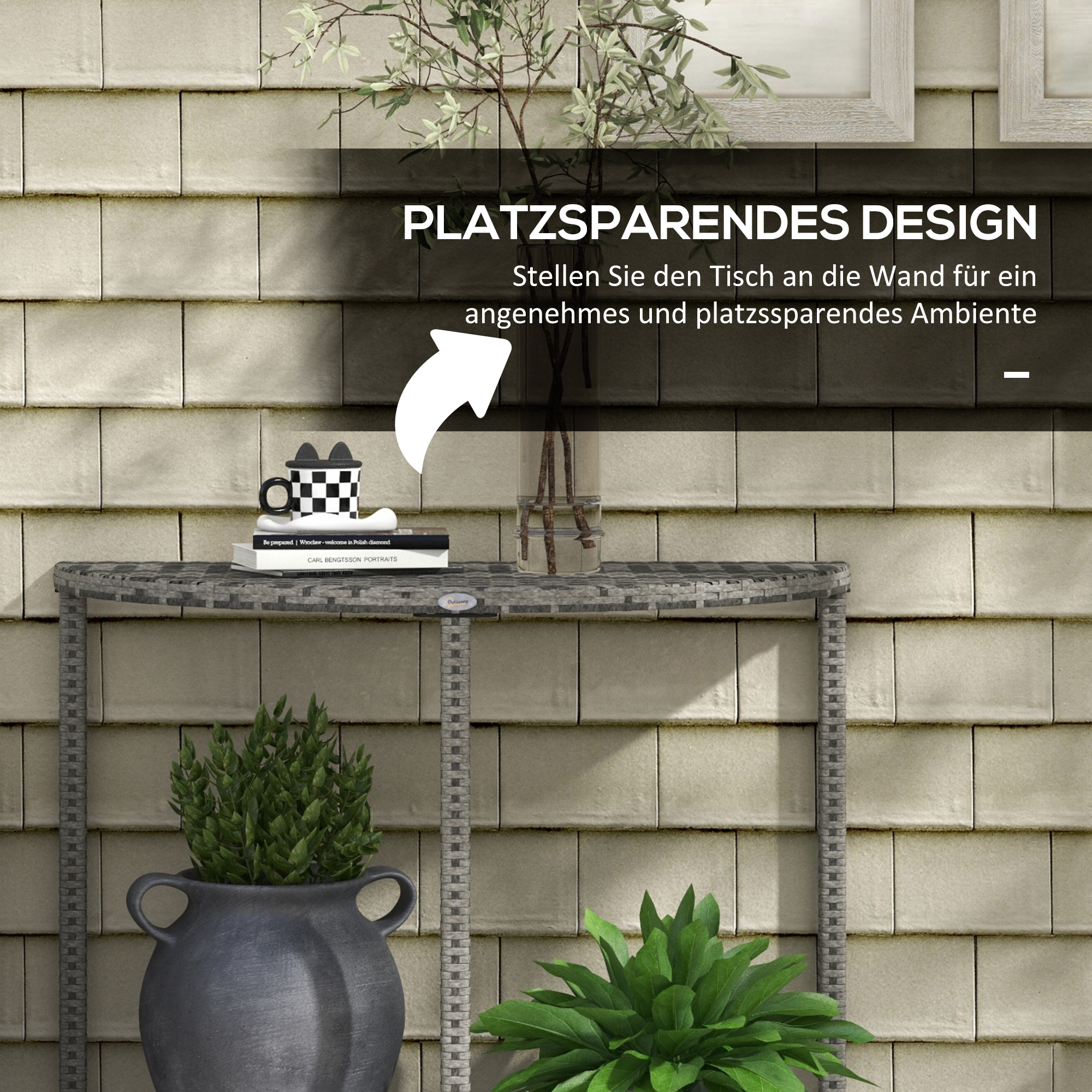 Balkontisch, halbrund, Polyrattan+Metall, 100x50x74 cm, Grau