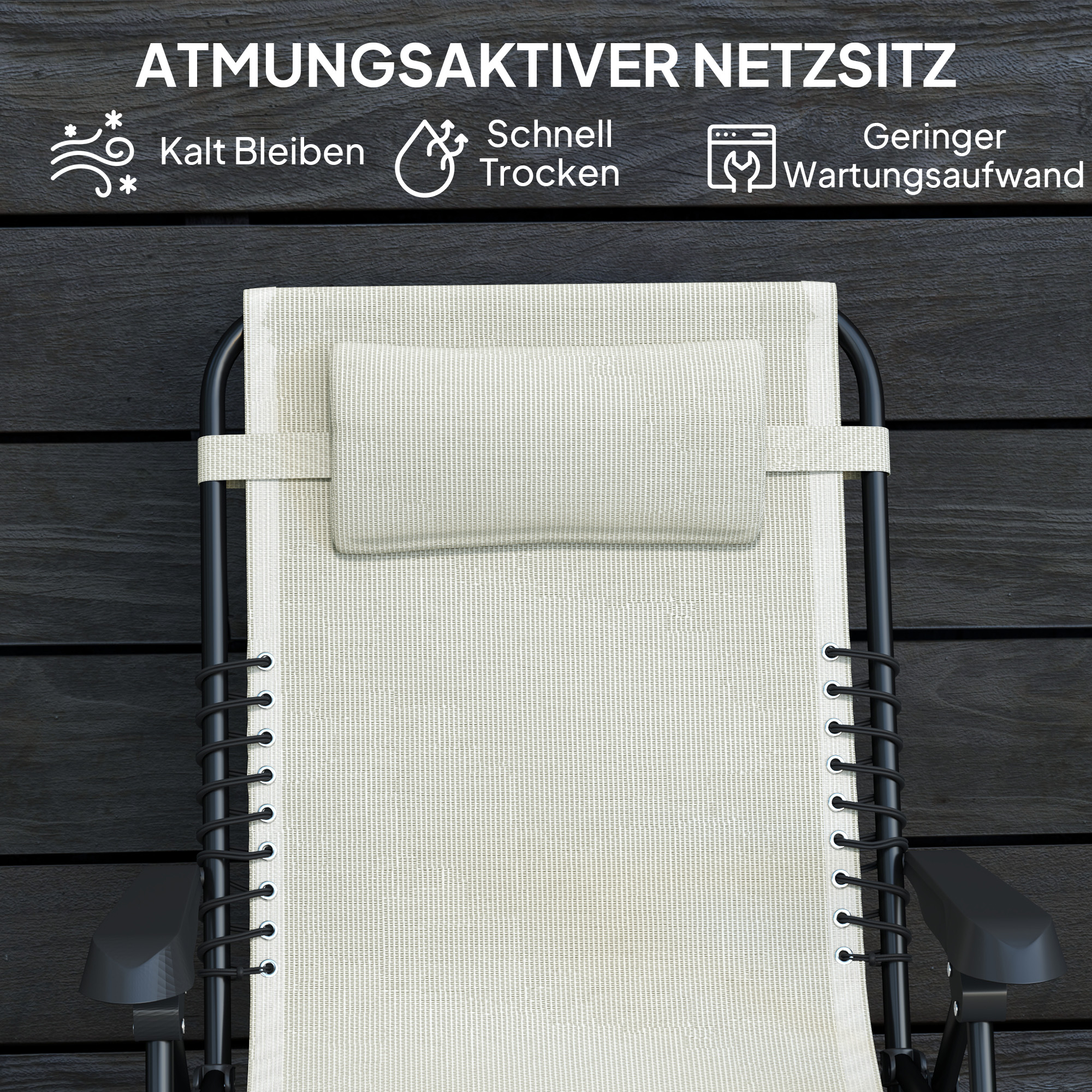 Sonnenliege klappbar Gartenliege mit Kopfkissen, 5-Fach verstellbare Rückenlehne bis 120 kg belastbar Beige