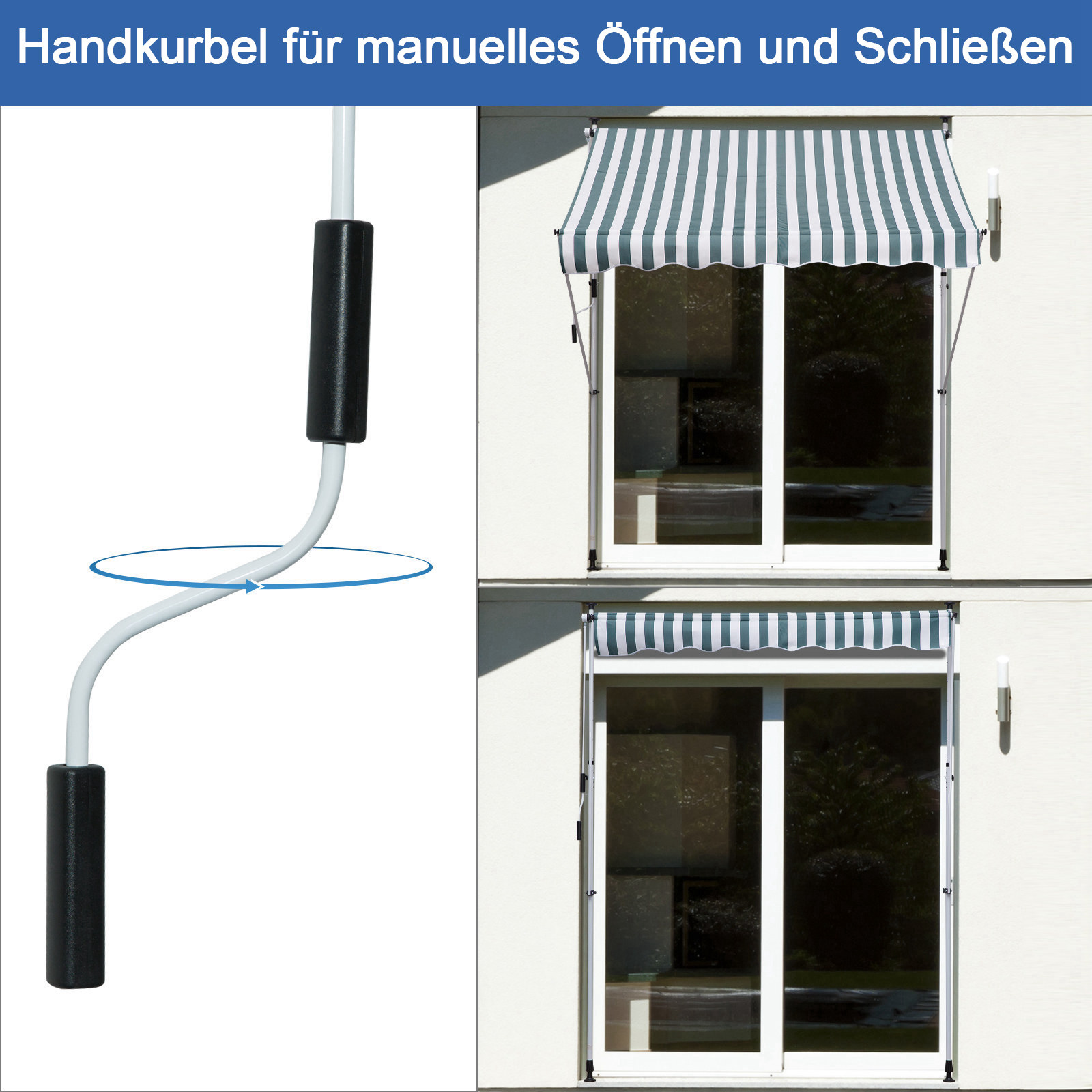 Klemmmarkise mit Handkurbel höhenverstellbar Gelenkarmmarkise schmutzabweisend, witterungsbeständig Balkonmarkise 150cm breit Terrassenmarkise für Terrasse Balkon Veranda Grün