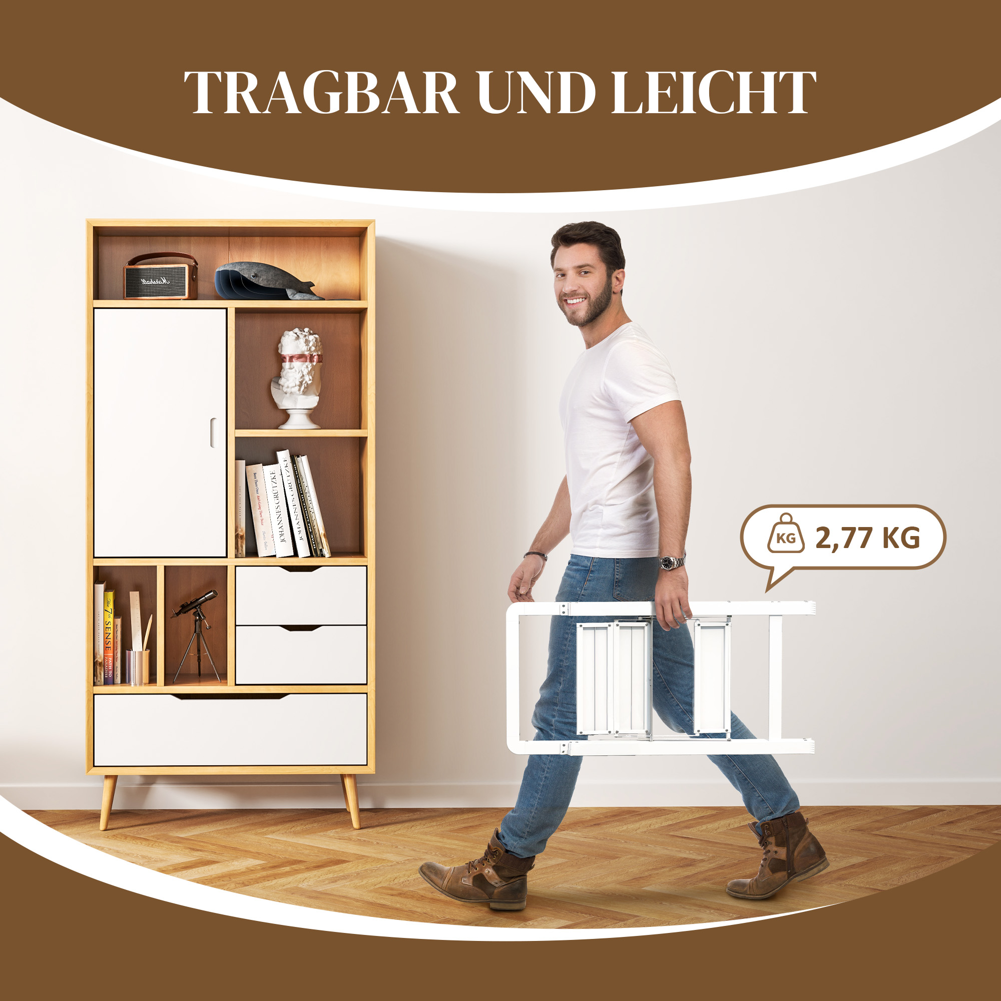2-stufige Trittleiter, Aluminum faltbar, rutschfeste Plattform, Weiß