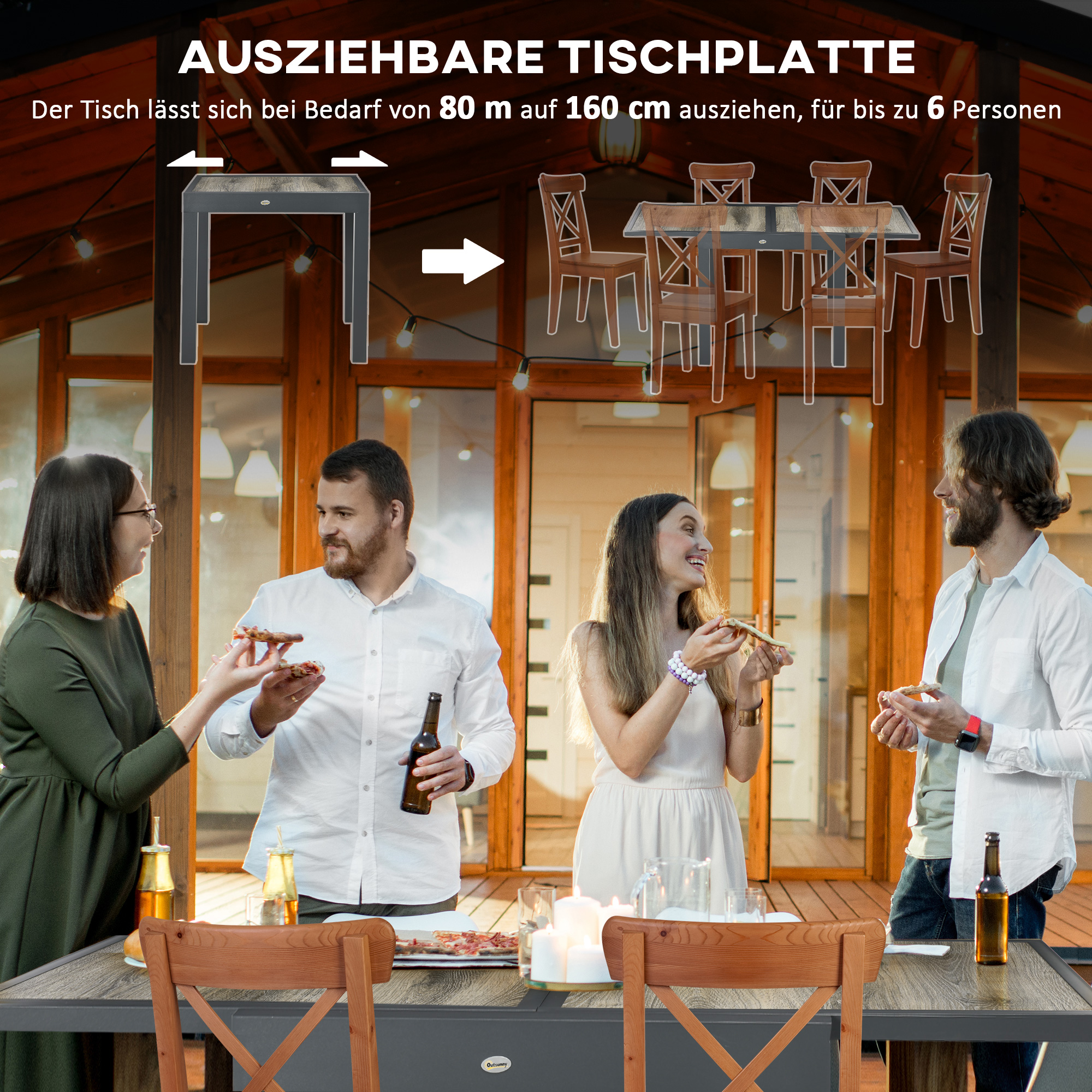 Gartentisch, ausziehbar, pflegeleicht, Aluminiumrahmen, Holzoptik, 160 x 80 x 75 cm