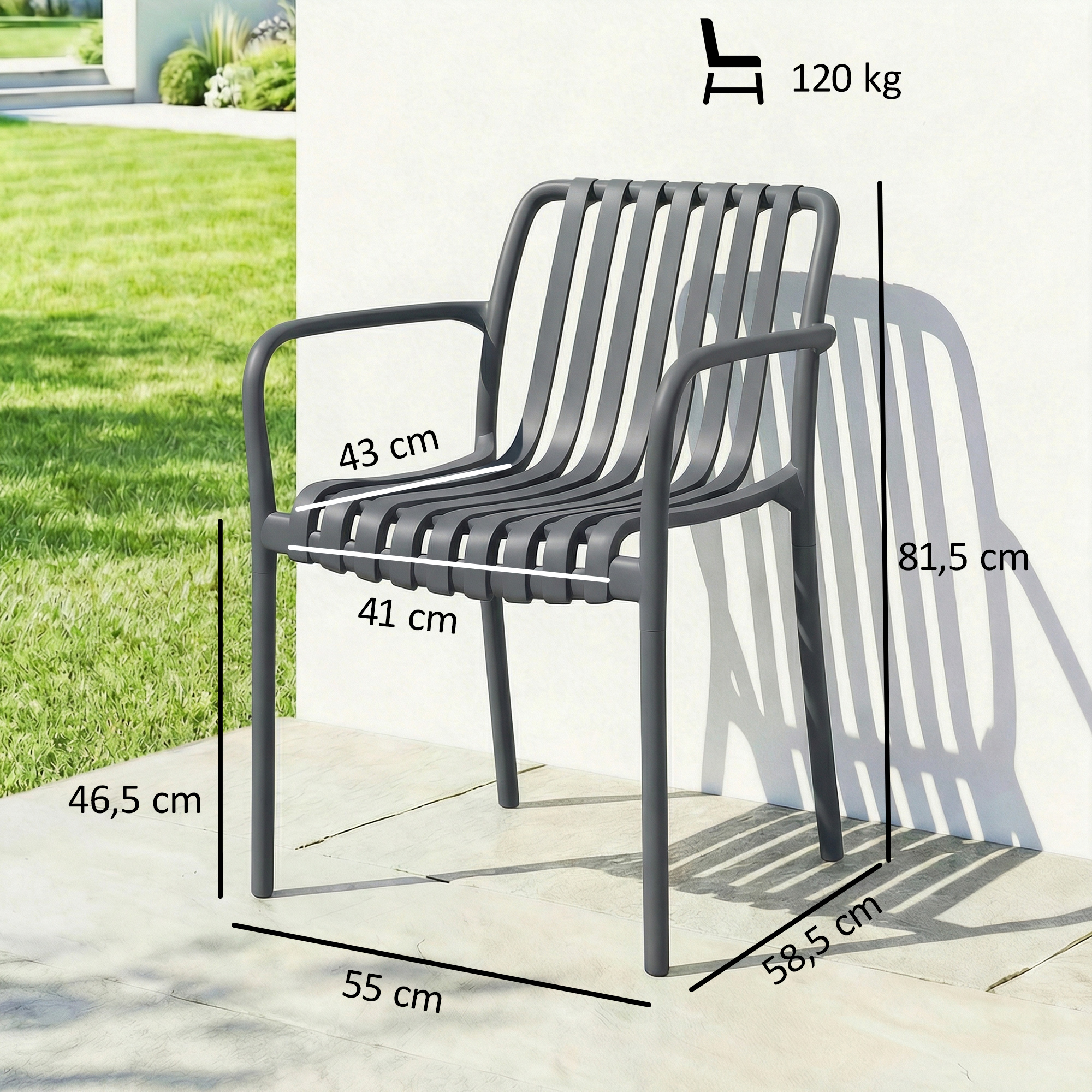 Gartenstühle 4er Set Stapelbare Terrassenstühle mit Lamelldesign Armlehnen, Ergonomisch Dunkelgrau