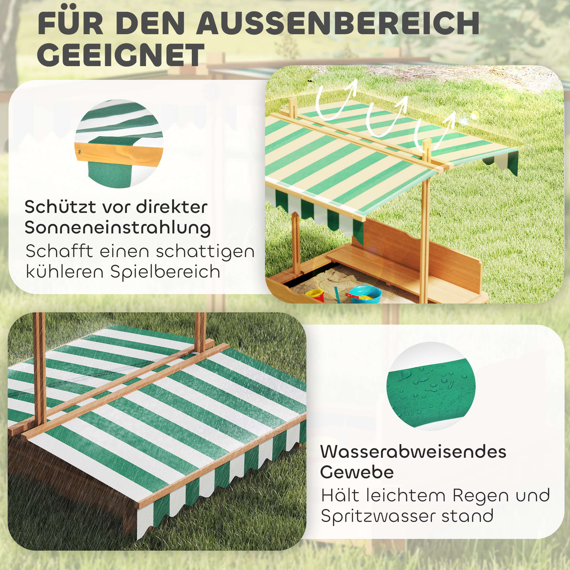 Sandkasten 106x106 cm Kinder Sandbox aus Holz mit höhenverstellbar Abdeckung Sitzbänken Rücklehnen Hellbraun