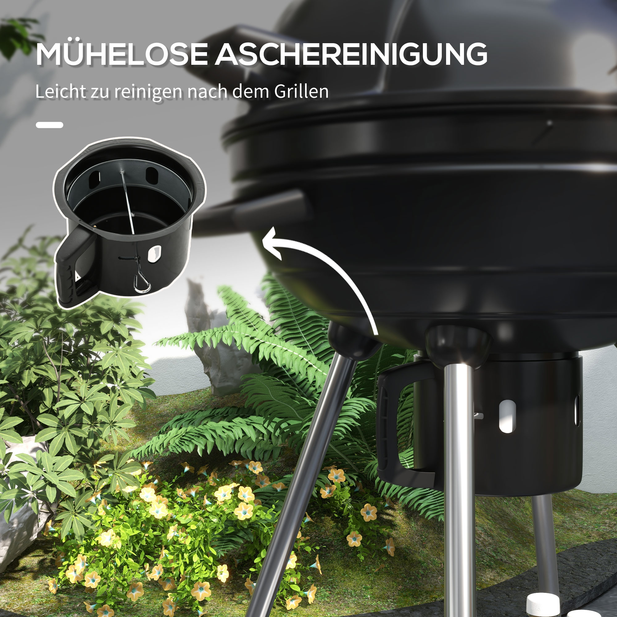 Kugelgrill, Ø54 cm Grillrost, Warmhalterost, Ablage, Aschefach, Thermometer, 55 x 65 x 89 cm, Schwarz