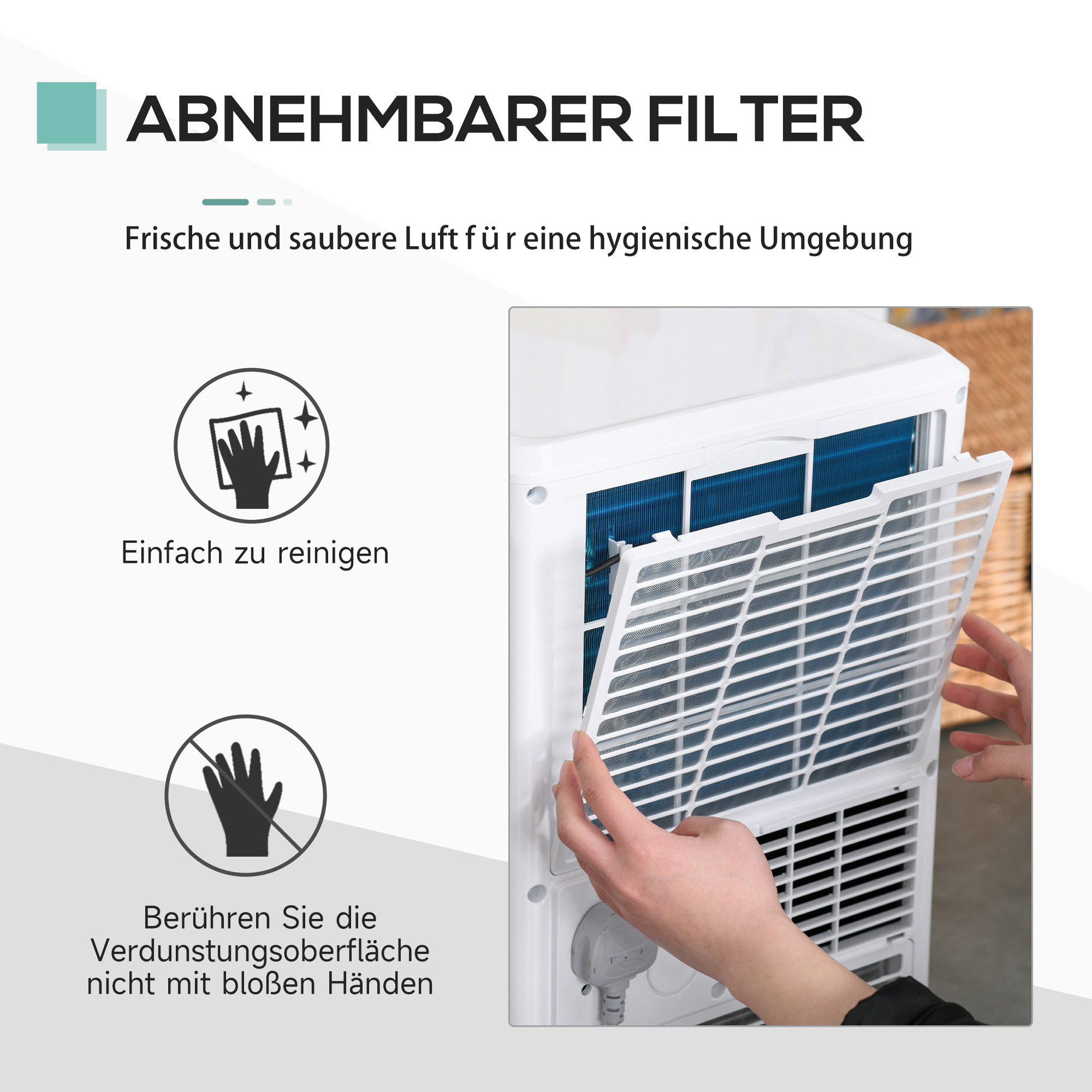 mobile Klimaanlage, 7000BTU 3-in-1 Klimagerät - Kühlen, Entfeuchtung und Ventilation - Luftentfeuchter, Ventilator, mit Fernbedienung 24h Timer, 2 Geschwindigkeitsstufen, für 10-26 m², Weiß
