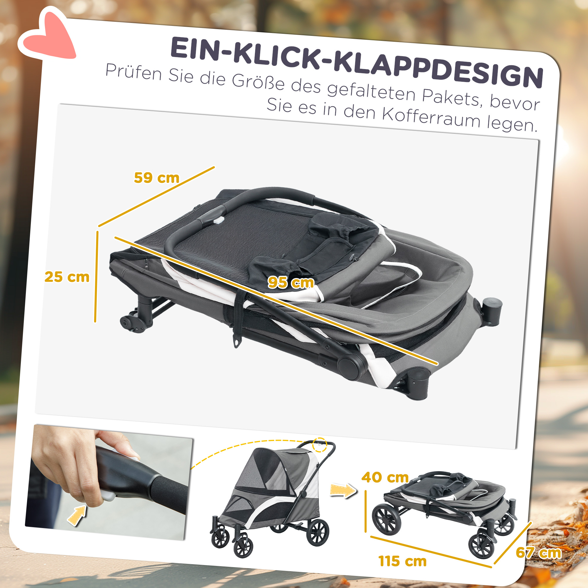 Hundewagen, Faltbarer Hundebuggy für große Hunde, Haustierwagen mit 4 Rädern, Sicherheitsleinen, Bremsen, Dunkelgrau