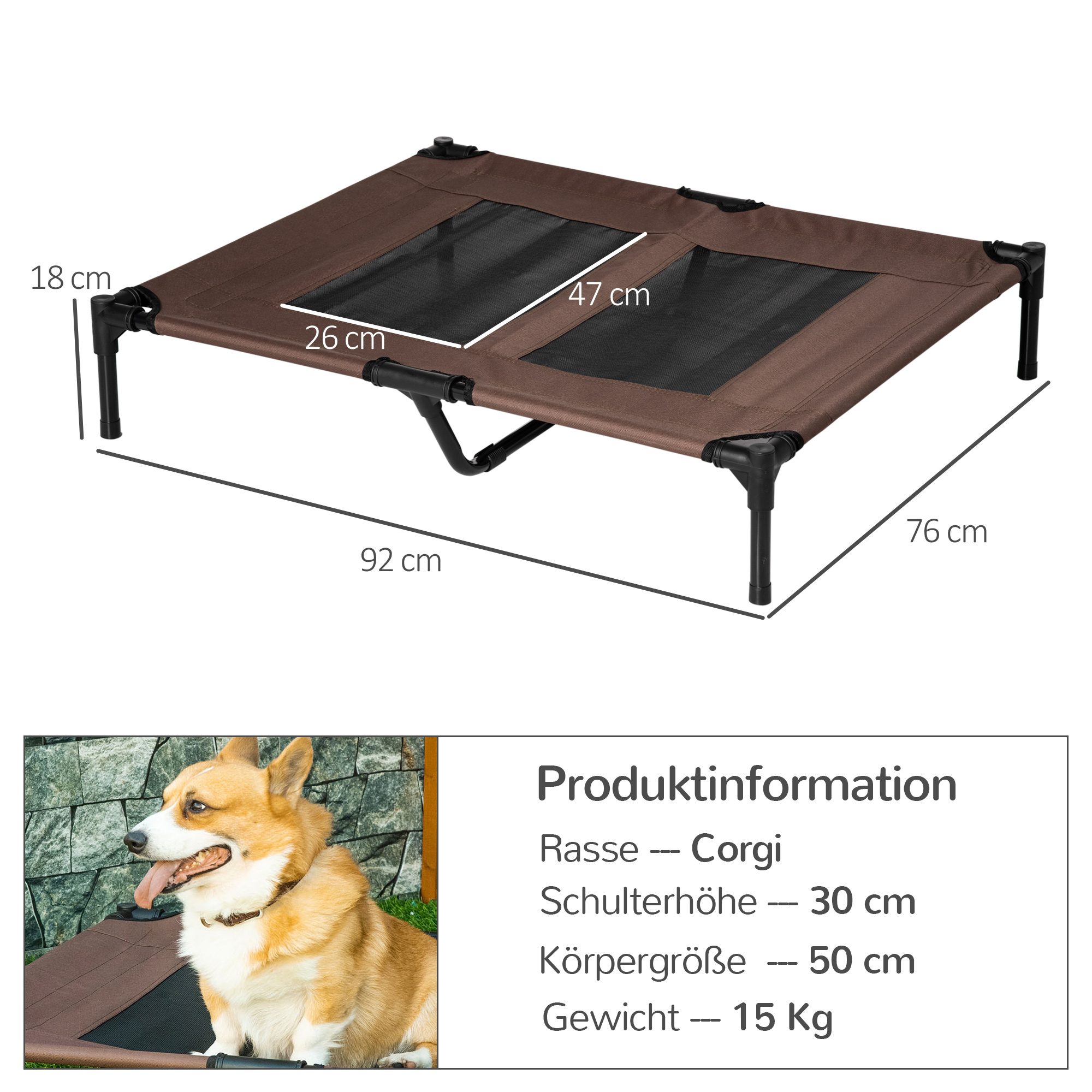 Hundeliege Outdoor, Kühlendes Haustierliege für Groß Hunde, erhöhtes Hundebett Schlafplatz mit robuster Metallrahmen, Atmungsaktivem Mesh für Garten Outdoor, 92 x 76 x 18 cm, Kaffee-Braun