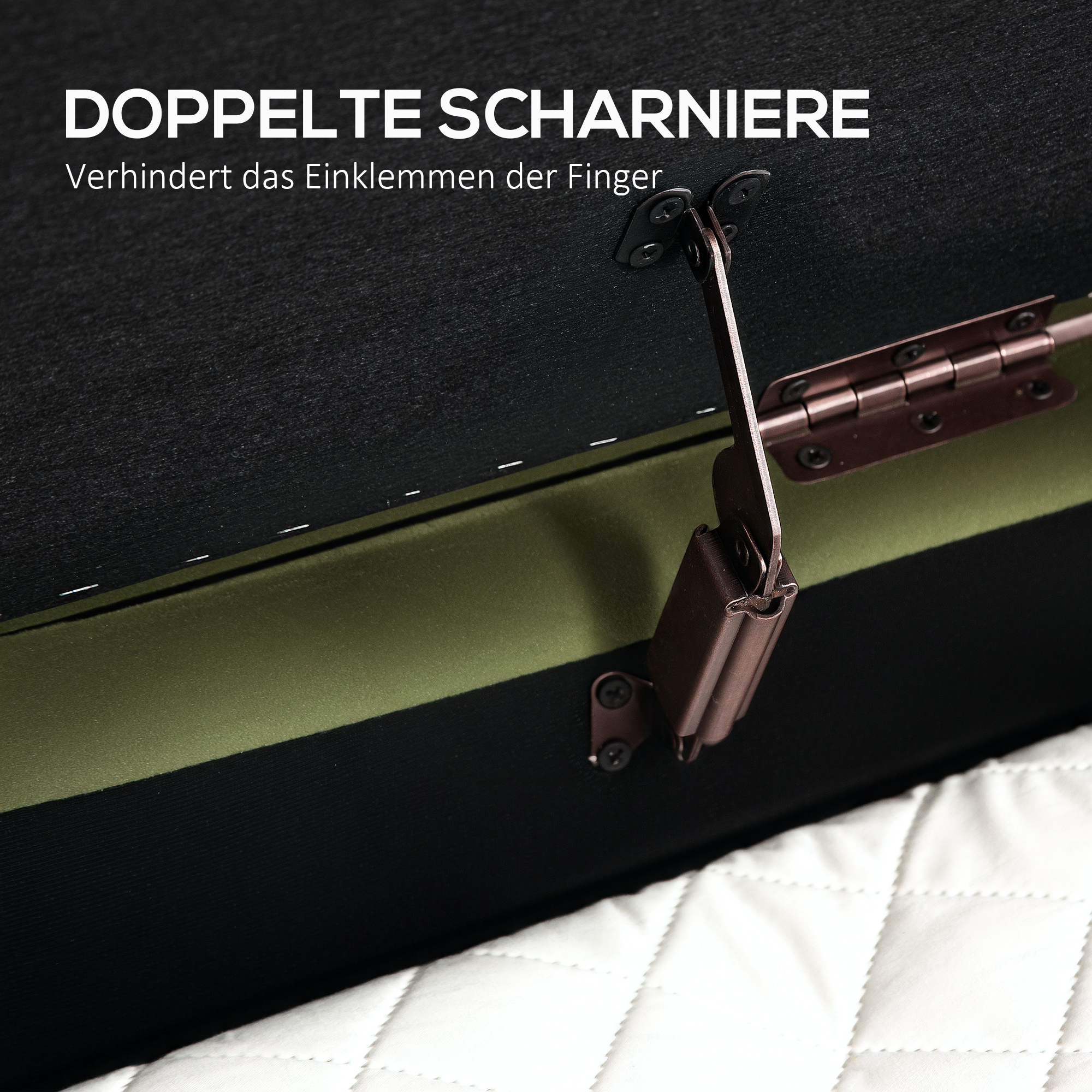 Sitzbank mit Klappdeckel und Stauraum, Stoffbezug, Holz, Metall, Dunkelgrün+Goldfarben