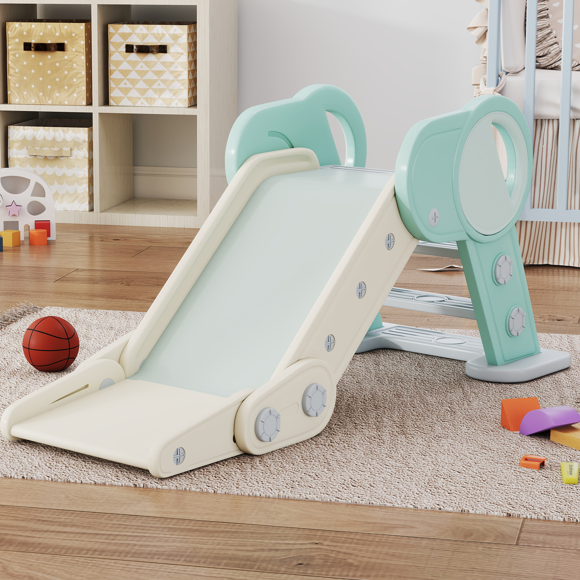 Rutsche für Kleinkinder, klappbar, Indoor, rutschfeste Stufen, erhöhter Sicherheitsrand, grün