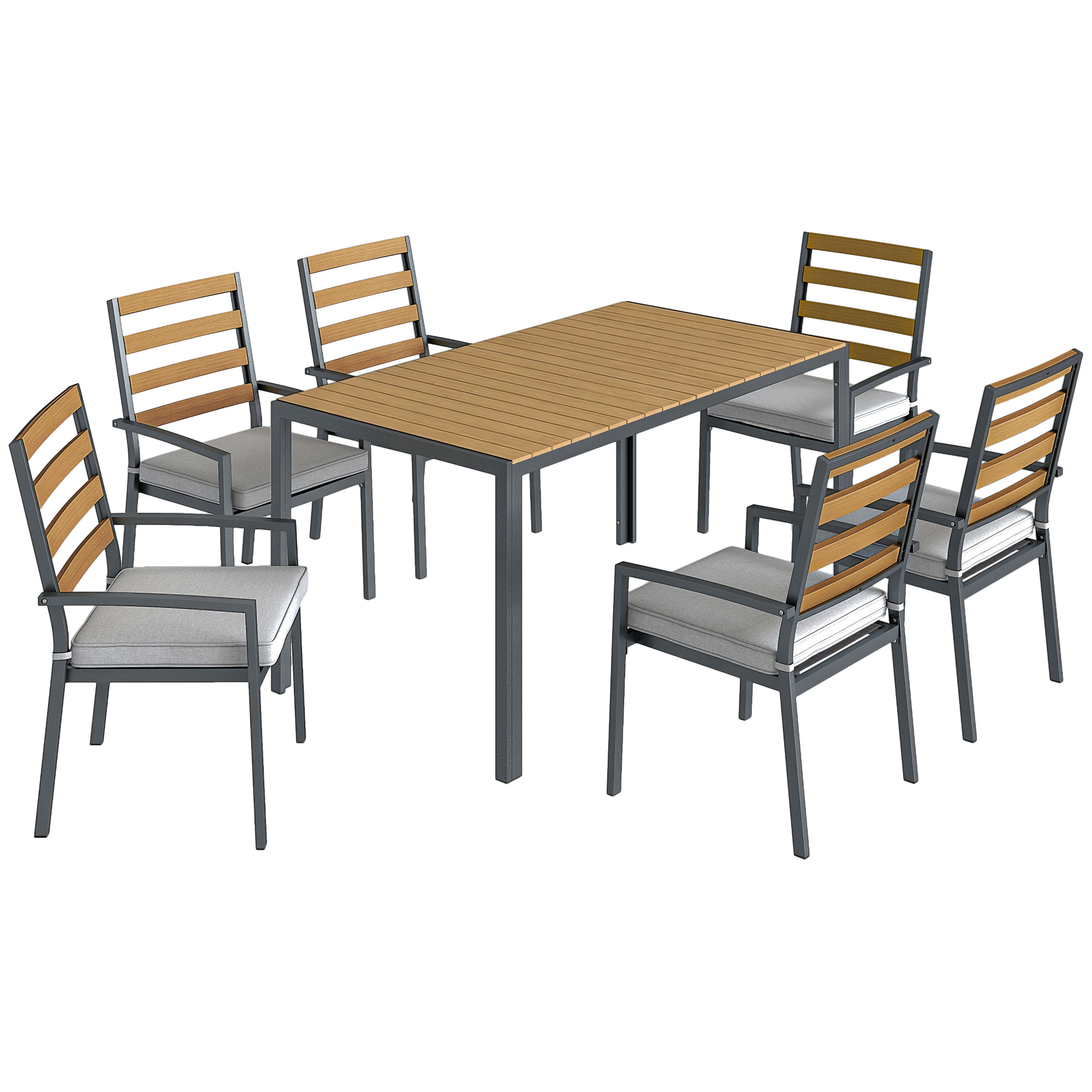 7 tlg. Sitzgruppe Gartenmöbel-Set, Gartengarnitur mit 1 Esstisch, 6 Stühlen, Kissen, für Terrasse, Naturholz