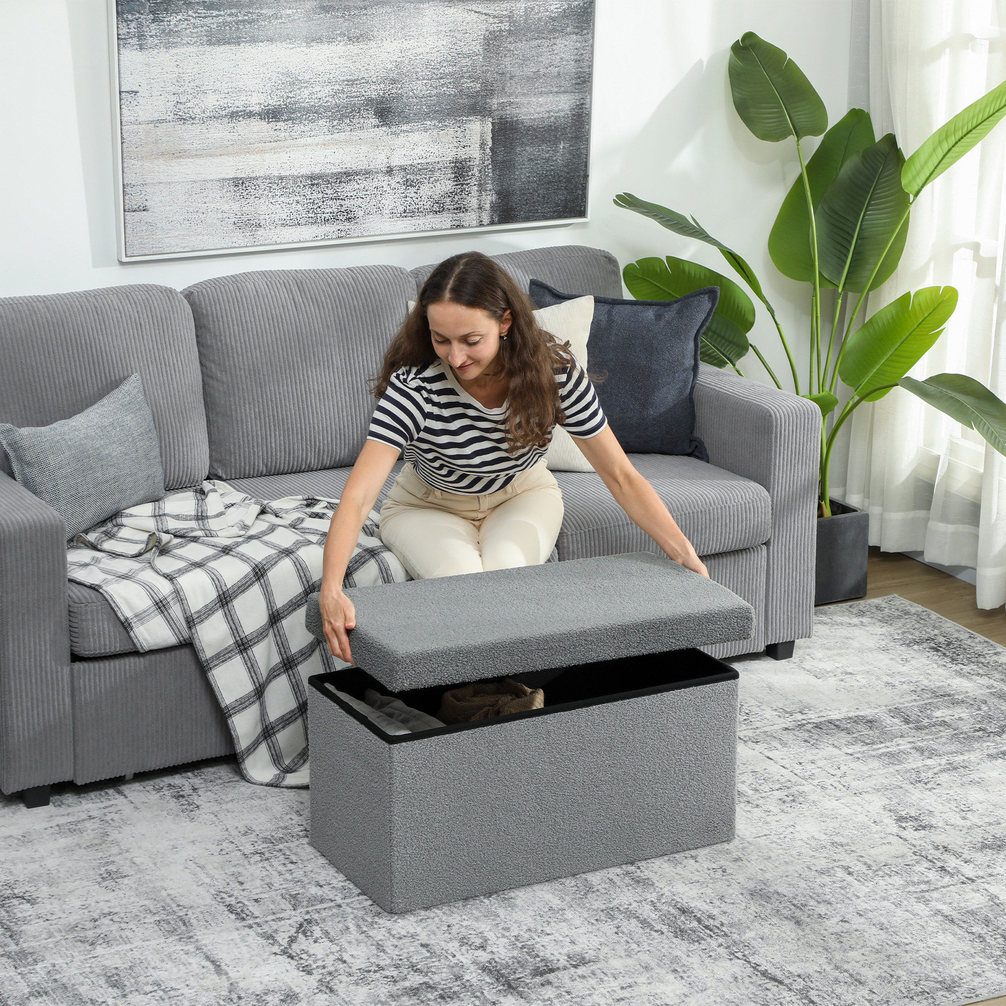 Aufbewahrungshocker, Polsterbank mit Stauraum und Deckel für Wohnzimmer, Schlafzimmer, Flur, Dunkelgrau