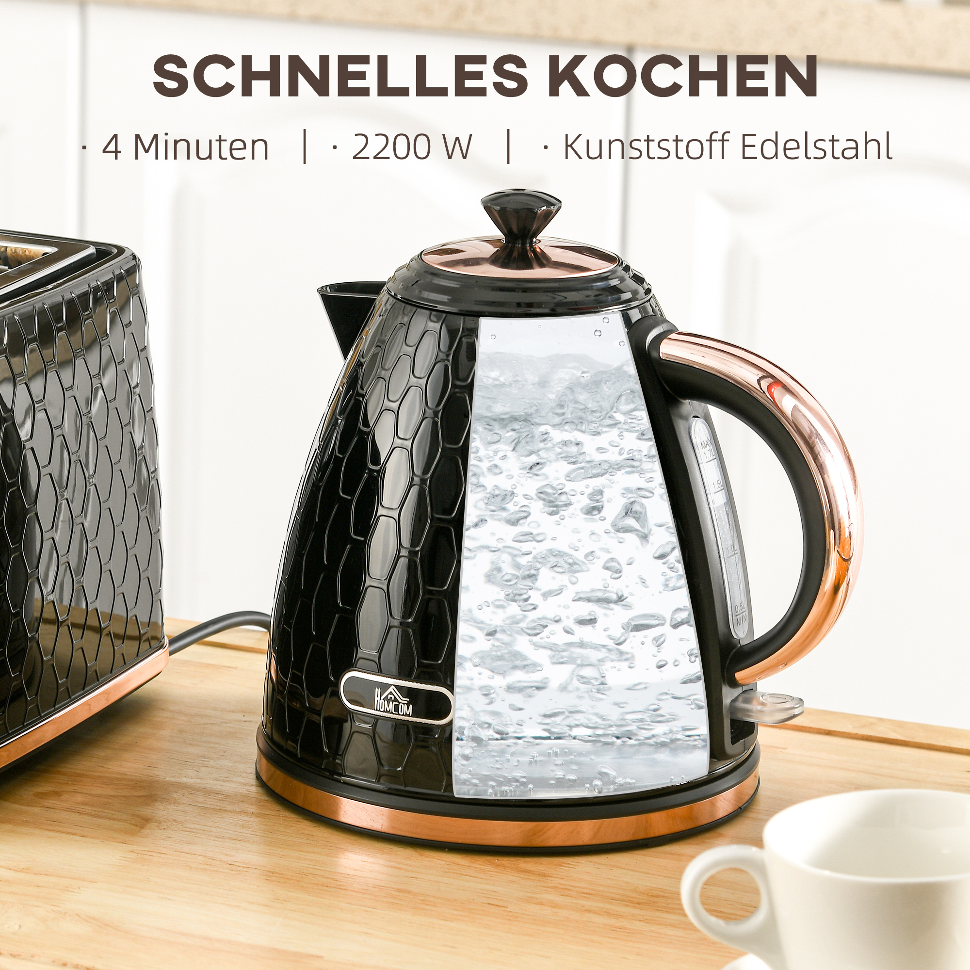 Wasserkocher, 2200W, Sichtfenster, Filter, Schnellkocher, Schwarz