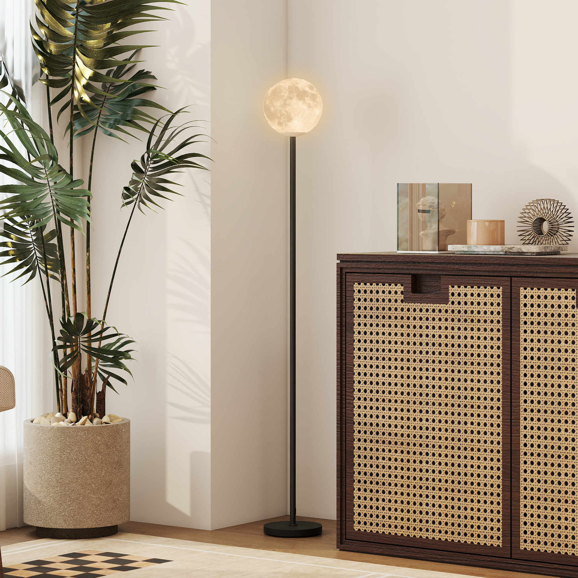 Stehlampe mit Schirm in Mondoptik, Fußschalter, 3 Farbtemperaturen, Metall, Schwarz