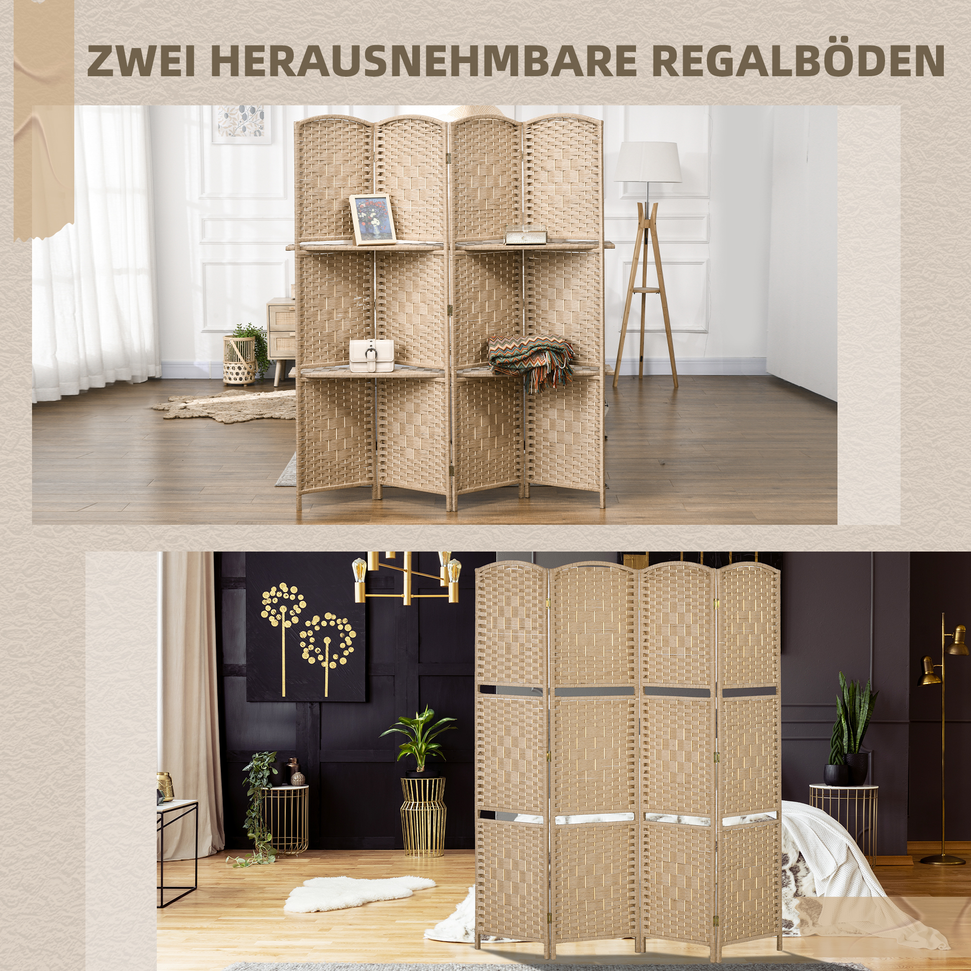 4-teiliger Raumteiler, 160 x 170 cm, faltbare Trennwand mit 2 Regalen