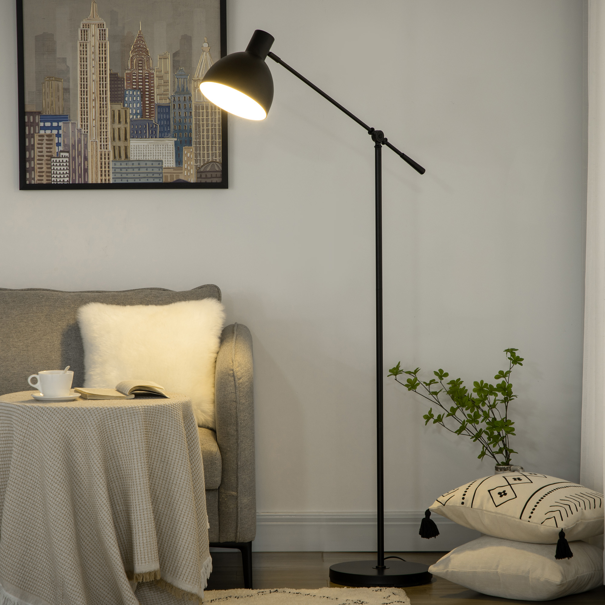 Stehleuchte im Industriedesign, höhenverstellbar, Bodenschalter; 30 m x 30 cm x 131 cm, Schwarz
