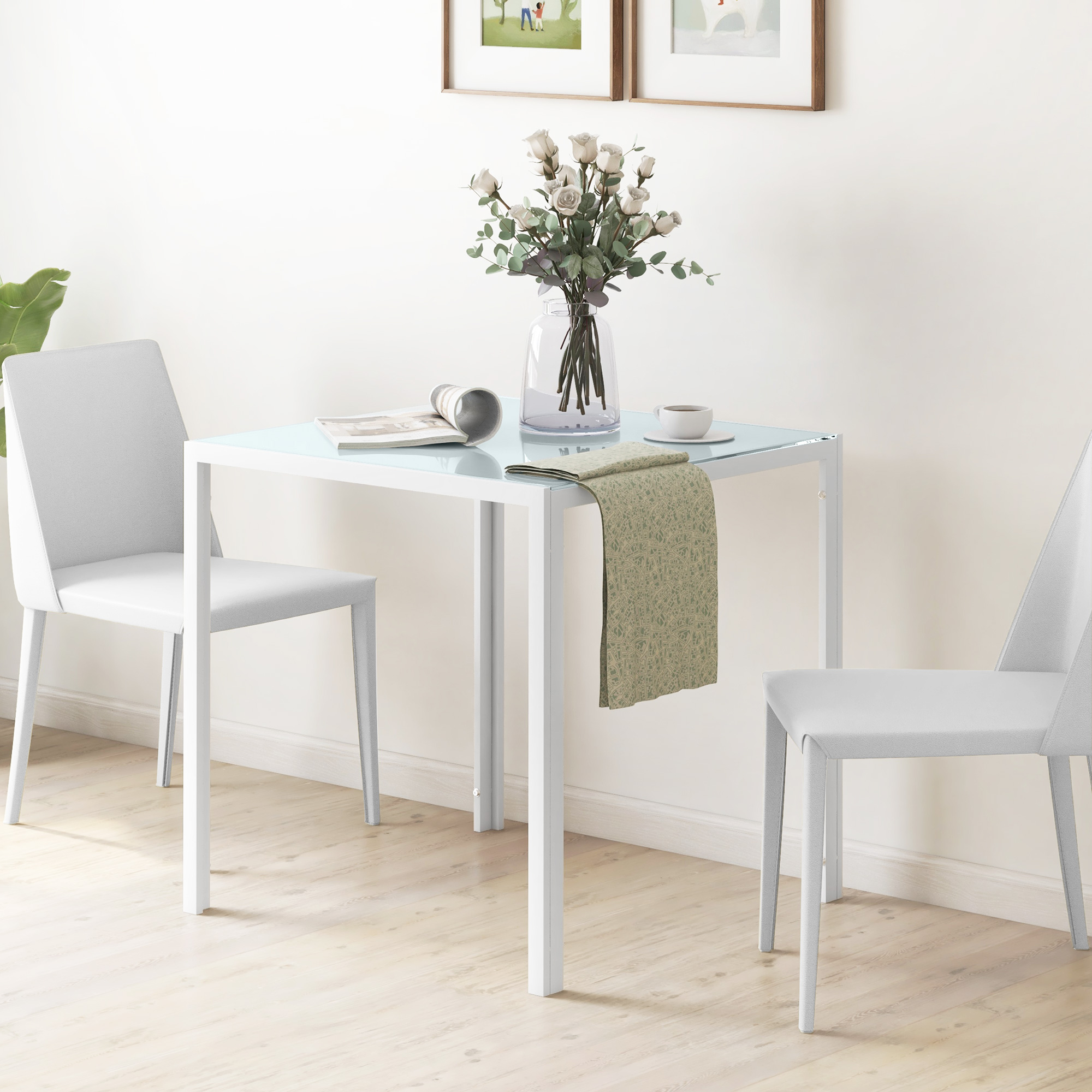Quadratischer Esstisch für 4 Personen, Tischplatte aus Hartglas, für Küche und Esszimmer, 75 x 75 x 75 cm, Weiß