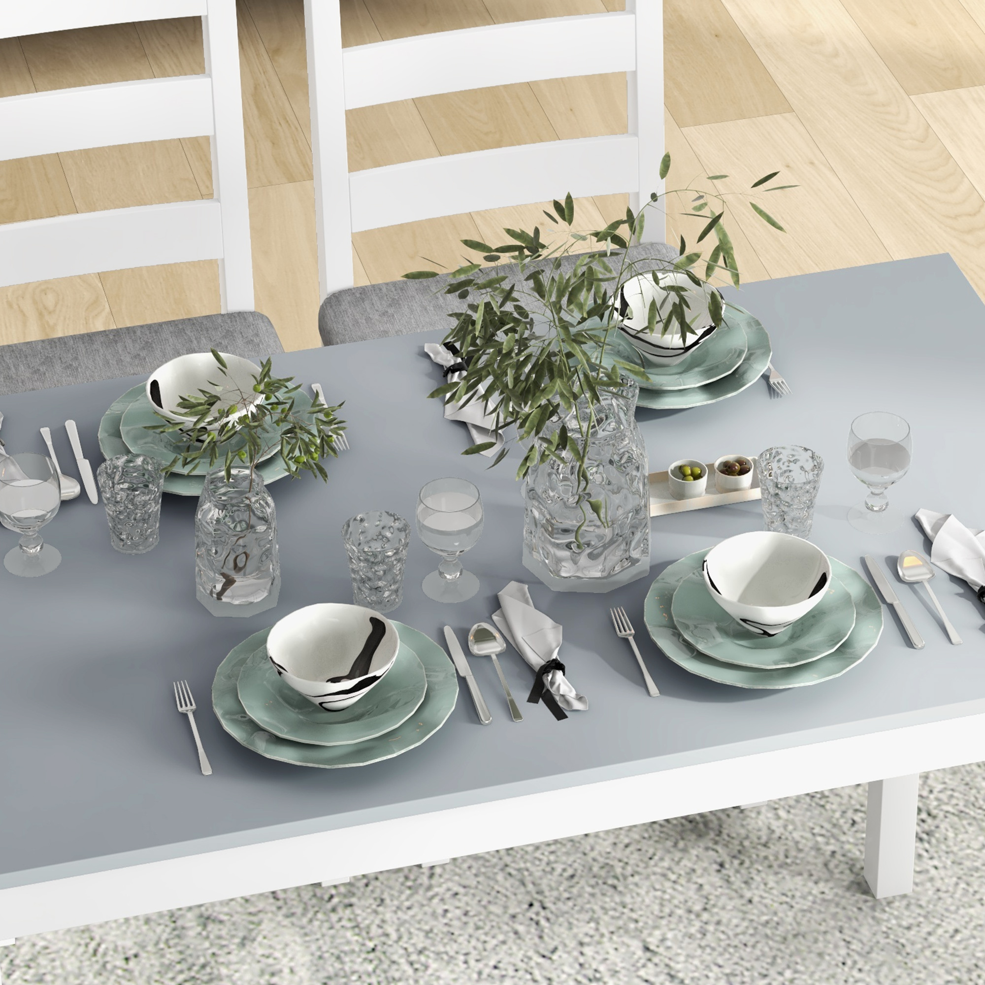 Sitzgruppe, 4-teiliges Esstisch-Set, 1 Tisch, 1 Bank, 2 Stühle, Grau + Weiß