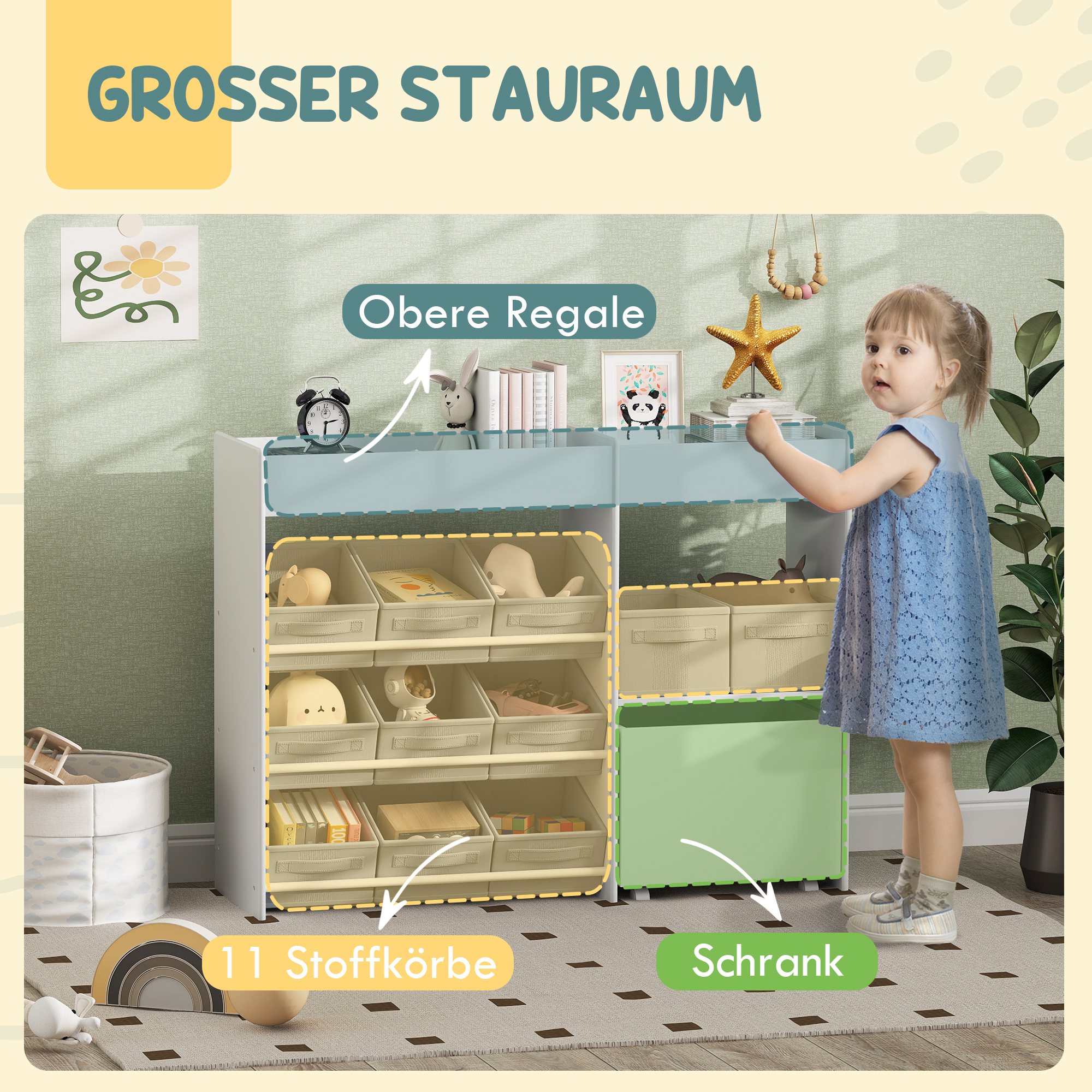 Kinder-Aufbewahrungsregal, Spielzeugschrank für Kinder mit 11 Stoffboxen, oberen Fächern, 3 Stickern, Weiß