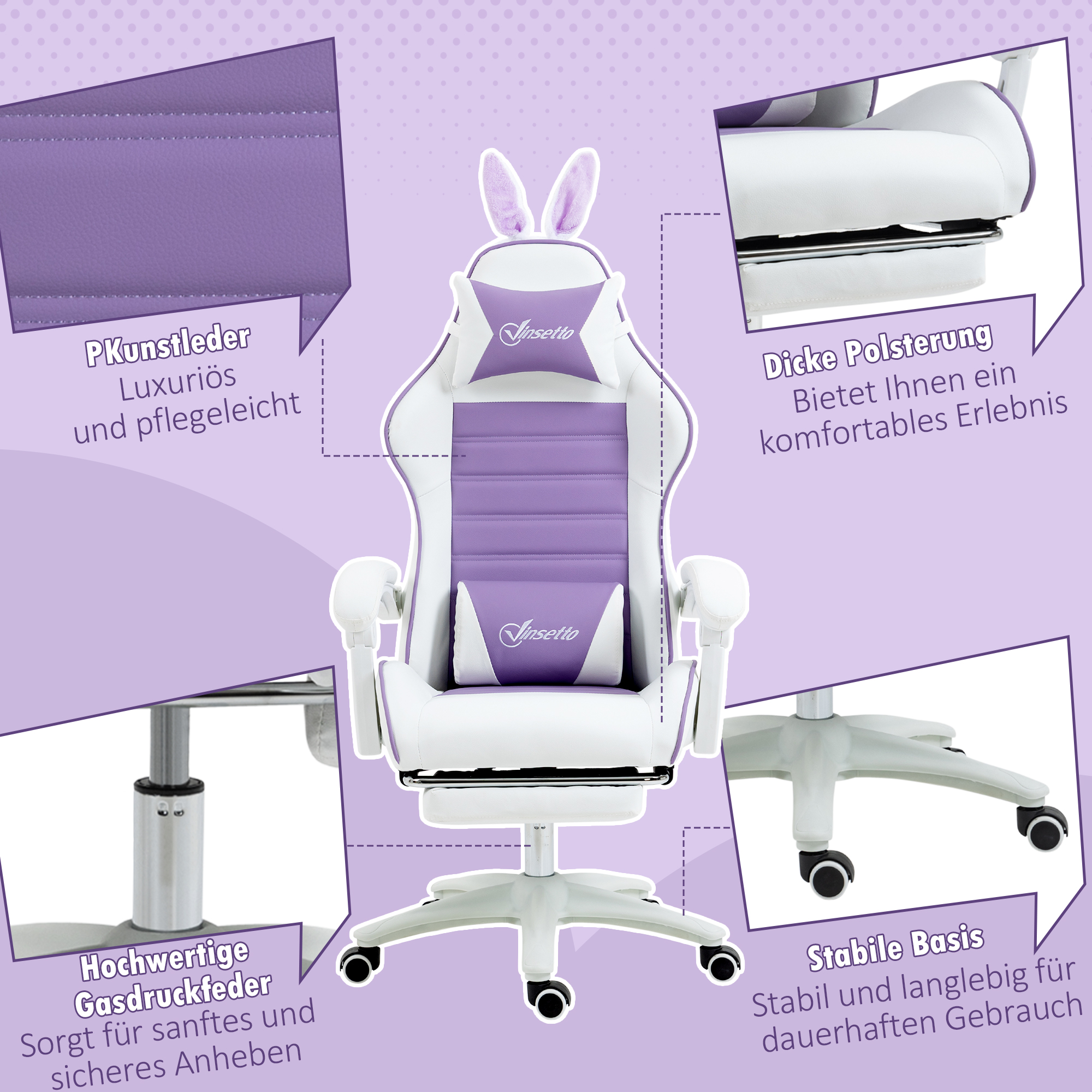 Gaming Stuhl, ergonomischer Gamer Stuhl mit Lendenwirbelstütze, Fußstütze, Hasenohren, Kopfkissen violett