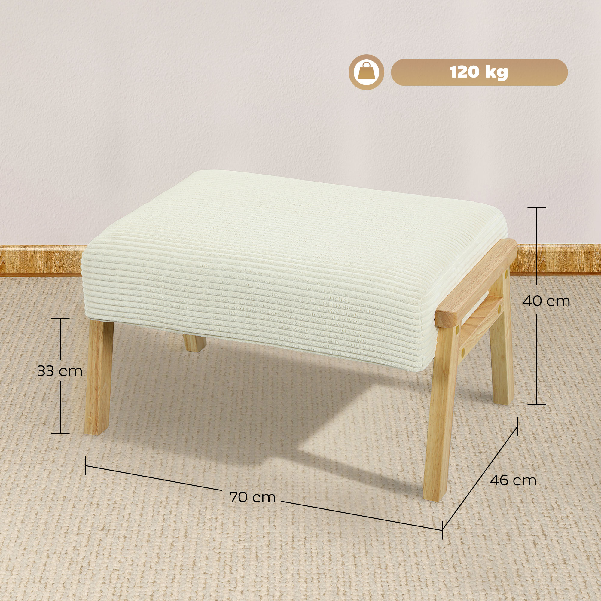 Sitzhocker Hocker mit weichem Sitzkissen Holzbeinen Fußhocker mit Cordoptik Cremeweiß