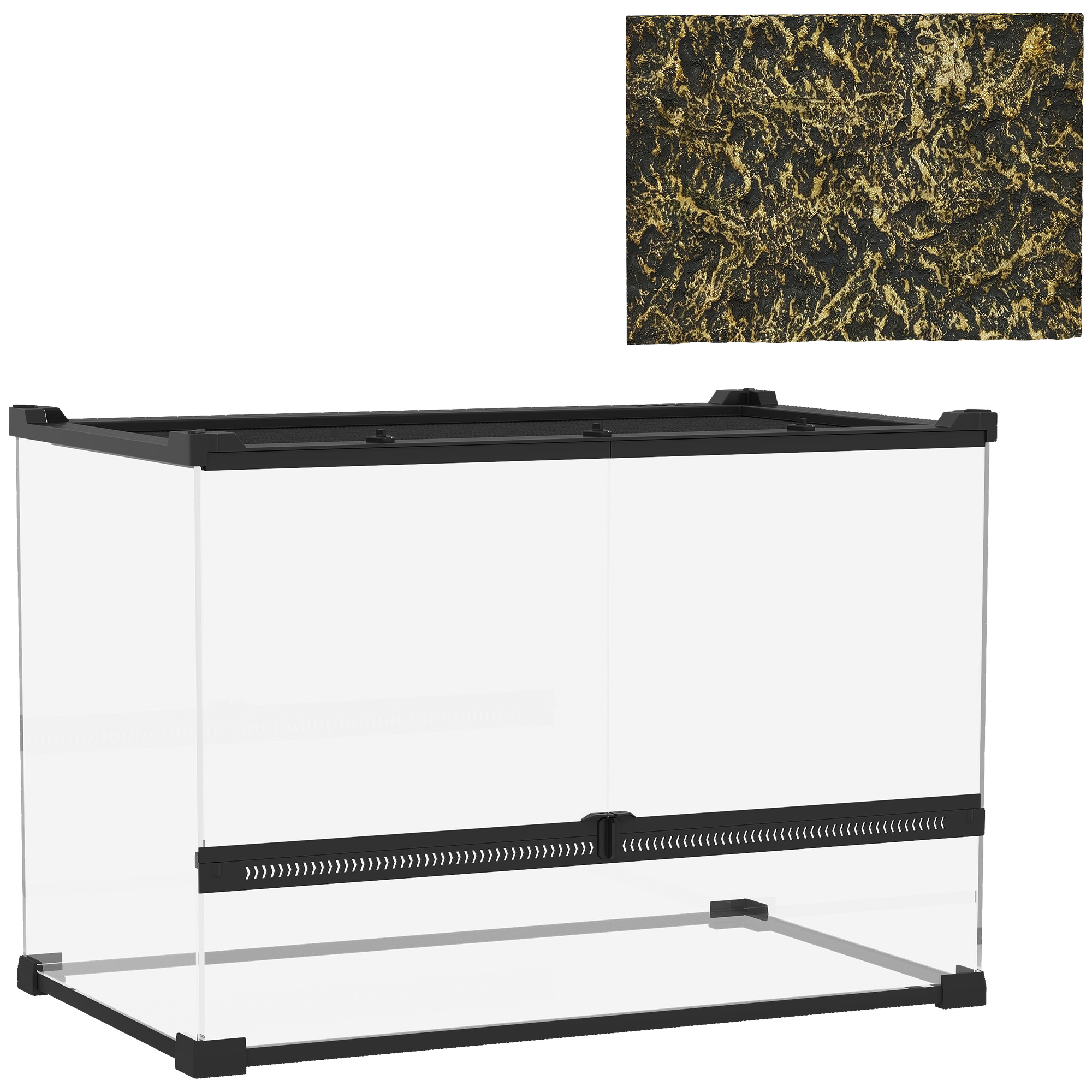 Terrarium für Reptilien Glasterrarium 48L mit Frontbelüftung Steinrückwand Drehverschluss 50 x 30 x 35 cm Schwarz