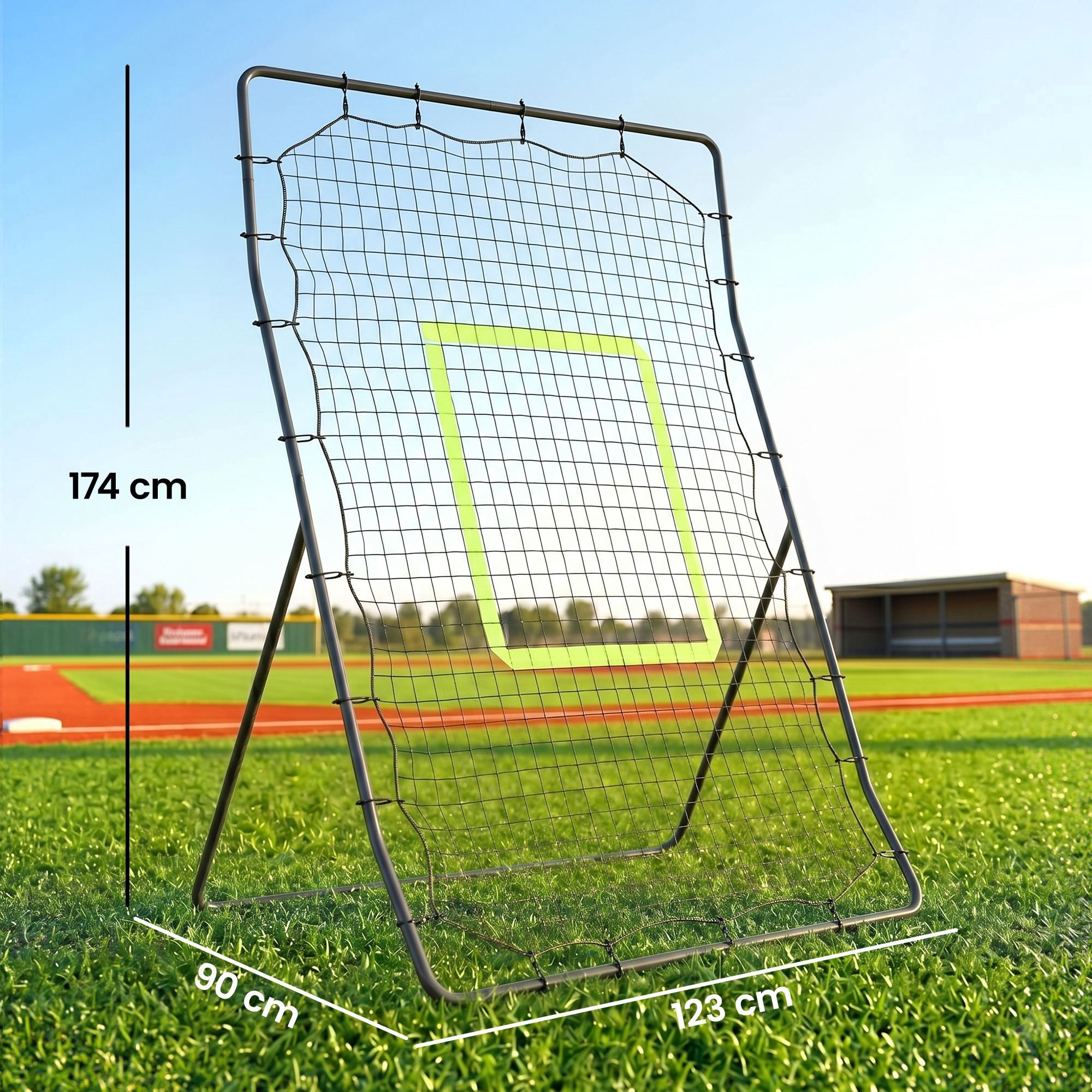 Baseball-Rückprallnetz, wetterbeständig, Metallrahmen, grüne Trefferzone, 174H x 123B x 90T cm