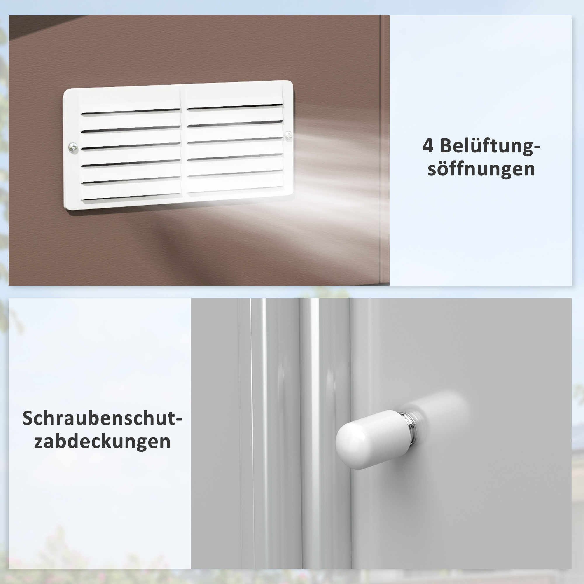 Geräteschuppen, Wetterfestes Gartenhaus für Gartengeräte, mit Belüftungsfenstern, Schiebetüren, Stahl, Braun