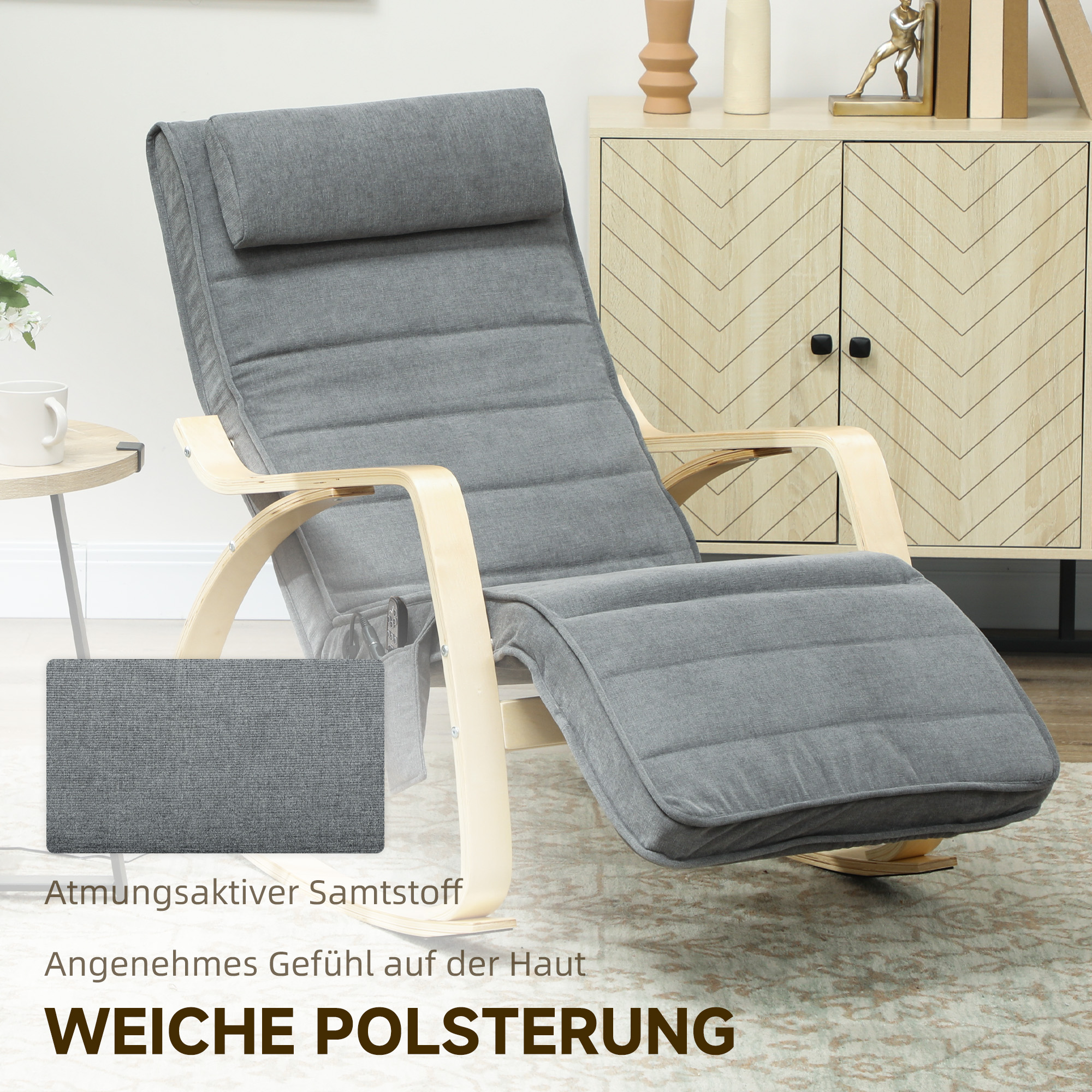 Schaukelstuhl mit Massage-Funktion, Lendenheizung, 3 Modi, Stoffbezug, Grau