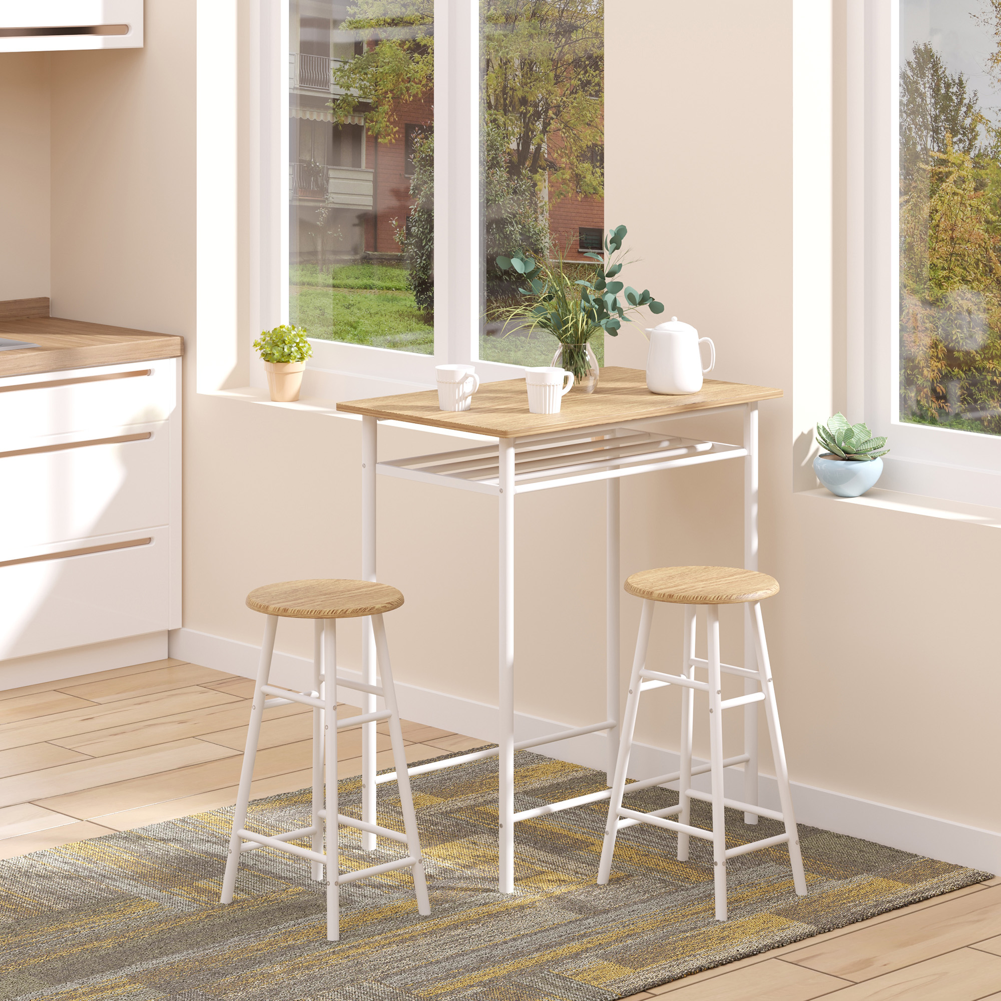 Bartisch Set Bartisch mit 2 Barhockern Essgruppe Küchentisch mit Lagerregal Esstisch für Esszimmer, Küche, Weiß