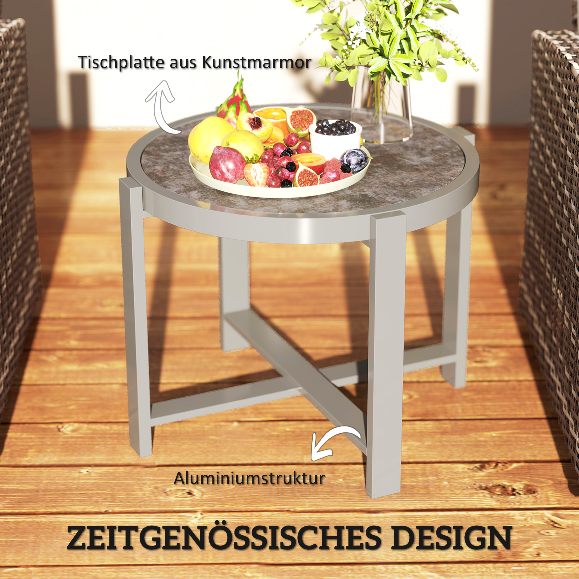Beistelltisch Gartentisch Rund wetterfest Aluminium Balkontisch mit Marmoroptik Grau