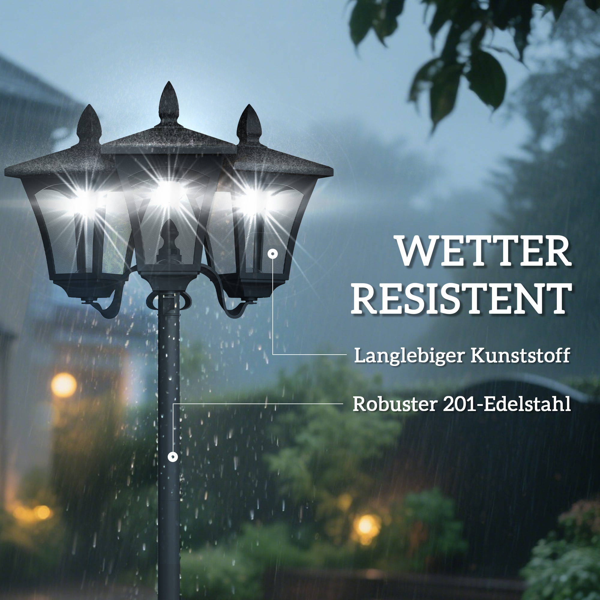 Solar Gartenlaterne mit 3 flammig Laterne Mast aus Edelstahl Solarlaterne mit LED 120 Lumen 51,5x47x182,5cm Wegeleuchte IP44 für Garten Balkon Schwarz