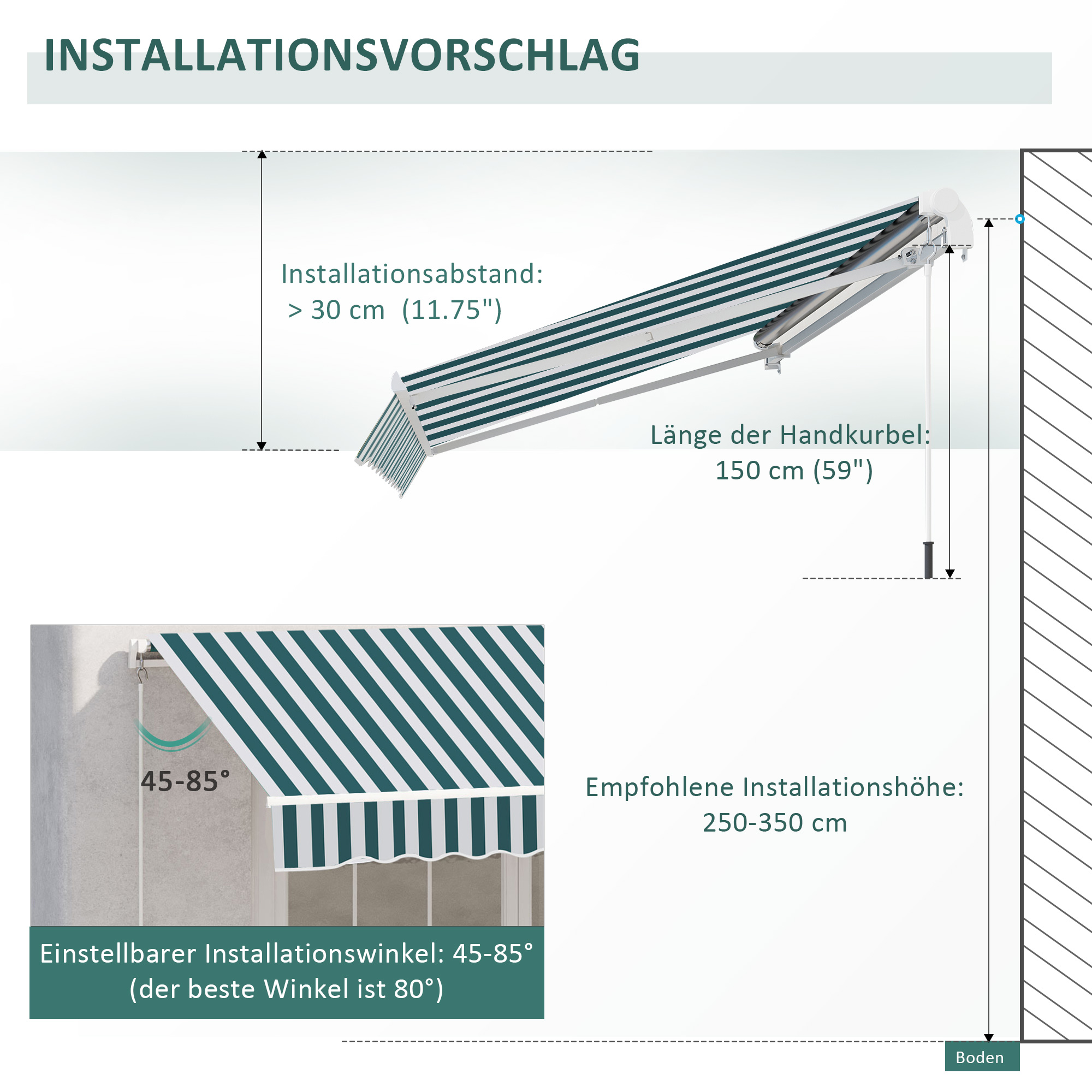 Markise, Sonnenschutz, einfahrbar, mit Handkurbel, Metallrahmen, Polyester, weiß+grün, 3,95 x 2,45 m