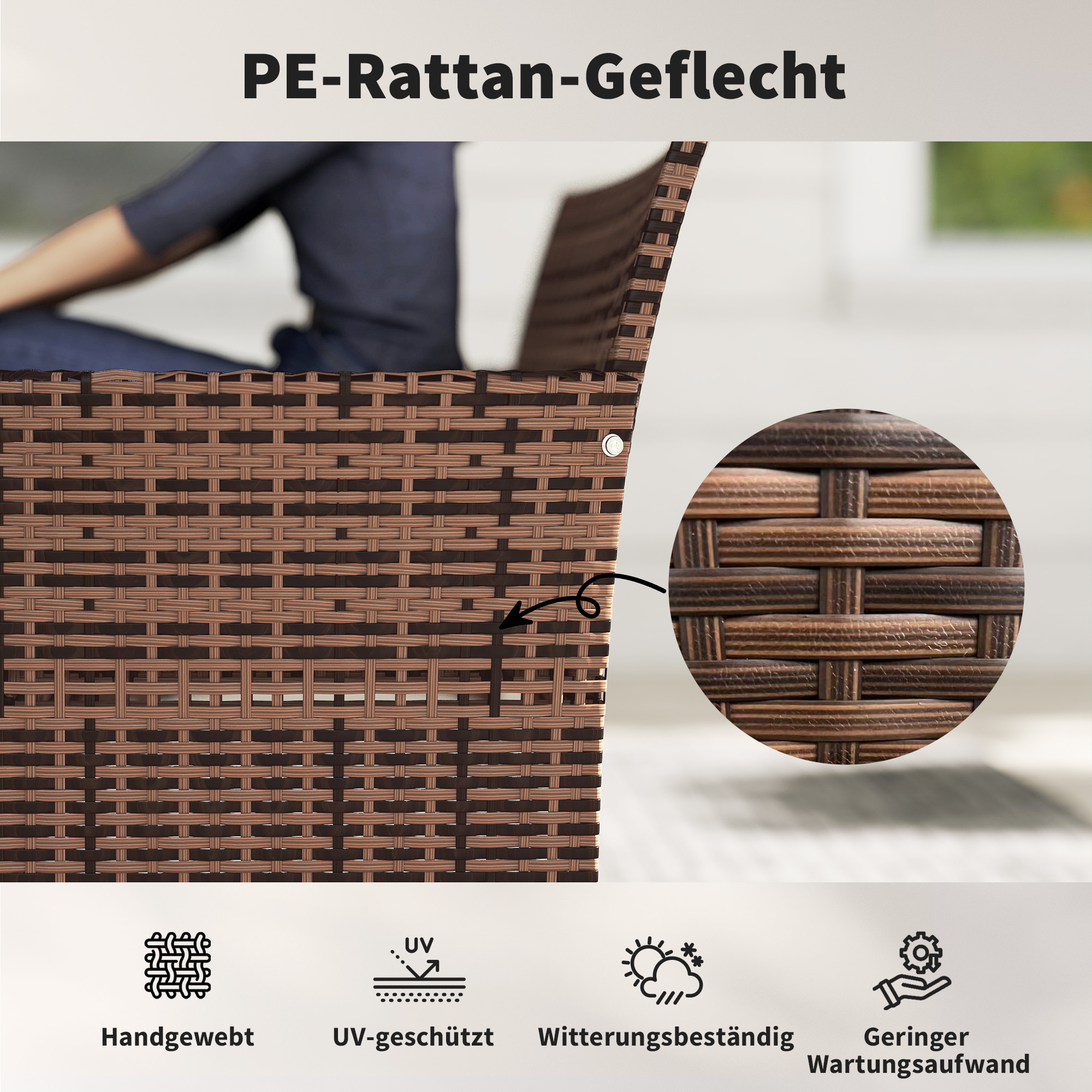 2-Sitzer Rattan Gartensofa PE-Rattan Outdoor-Terrassen-Sofa mit Polster, Anti-Rutsch-Matten, Stahlrahmen, Khaki