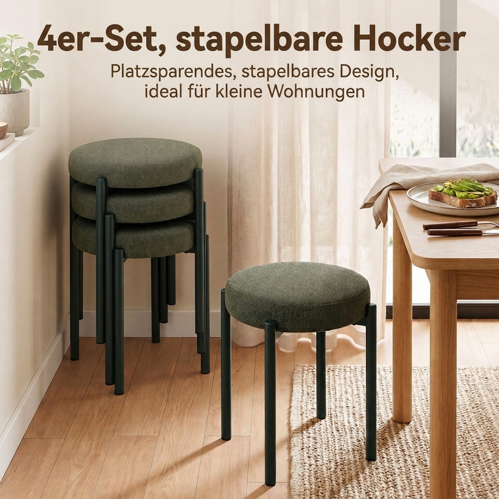 Esszimmerhocker 4er Set Stapelbare Sitzhocker mit Stahlbeinen, Leinenoptik für Esszimmer, Wohnzimmer, Küche, Dunkelgrün