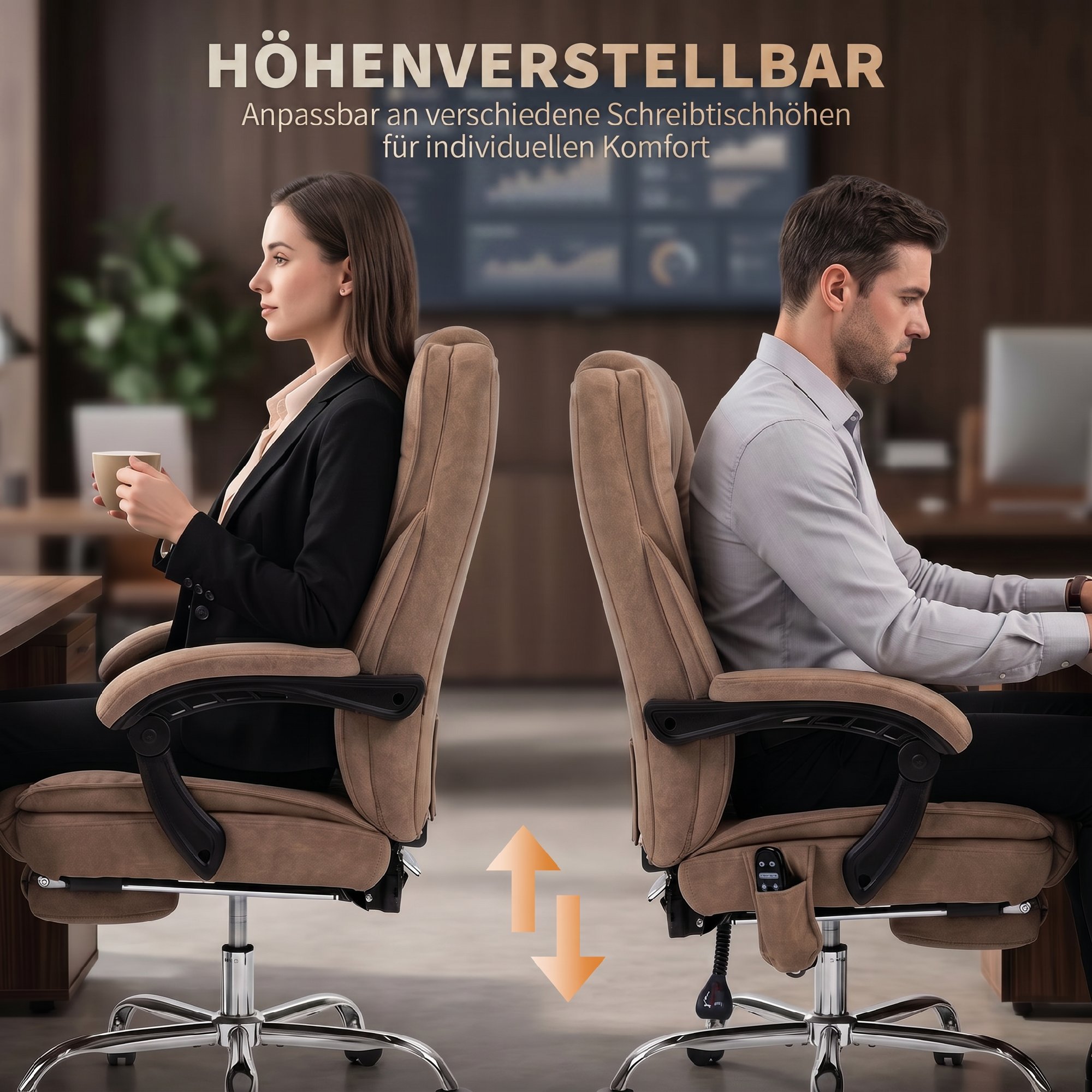 Ergonomischer Bürostuhl mit Massagefunktion, Fußstütze, drehbar, rollbar, Braun
