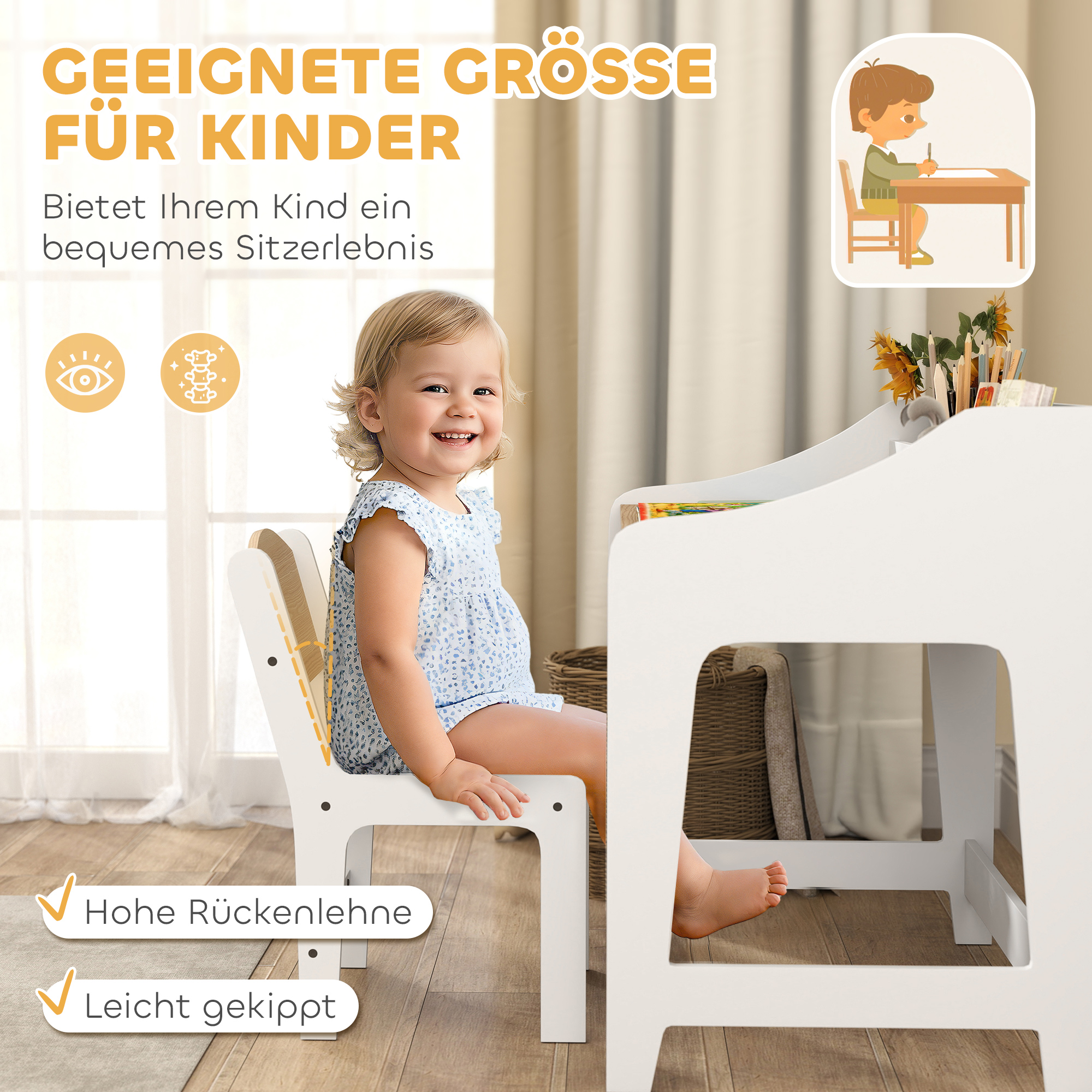 Kinder-Schreibtisch-Set mit Stauraum, offene Fächer, Stuhl, 3-8 Jahre, Holz
