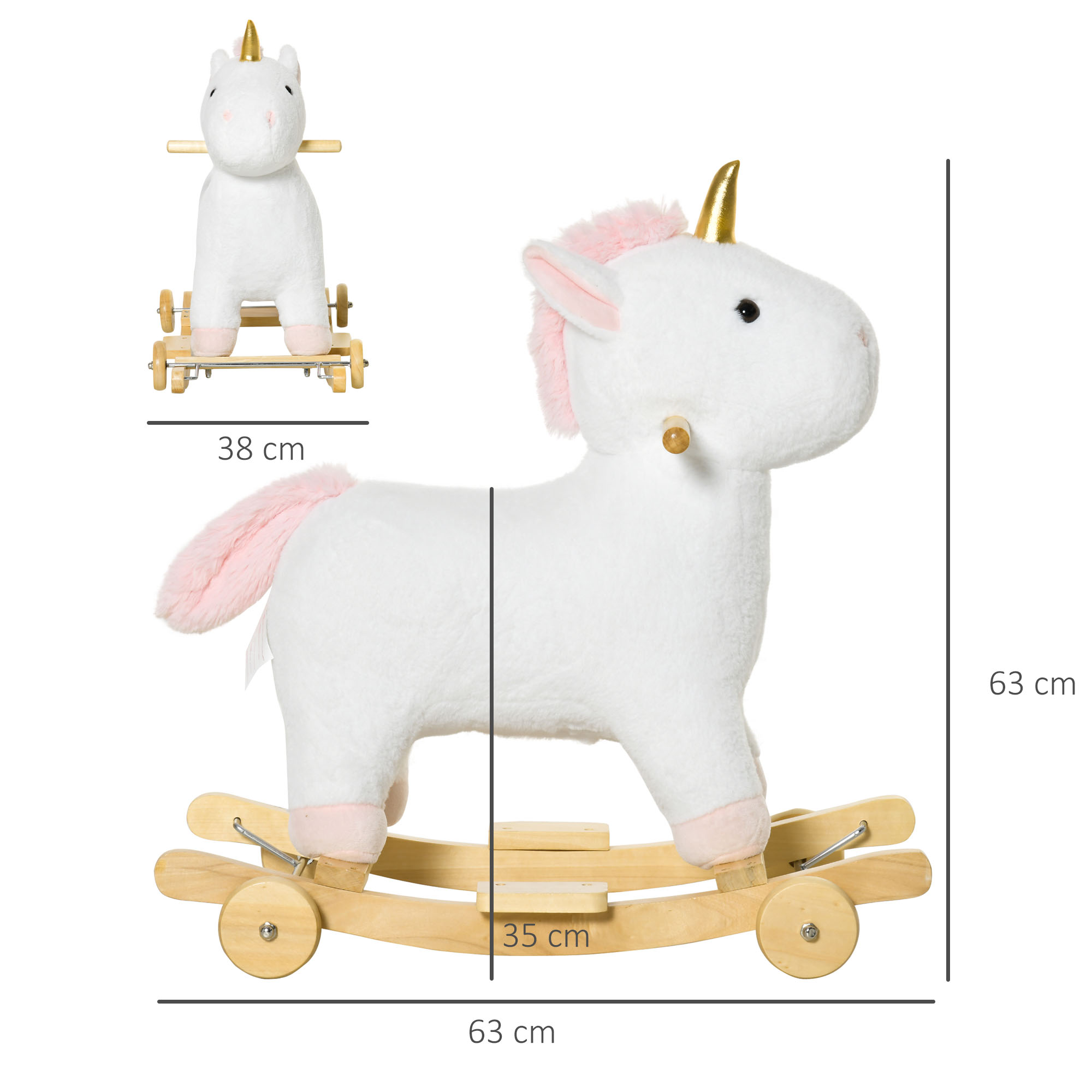 2-IN-1 Schaukelpferd mit Räder Plüsch Schaukeltier Babyschaukel Spielzeug Weiß 63 x 38 x 63 cm