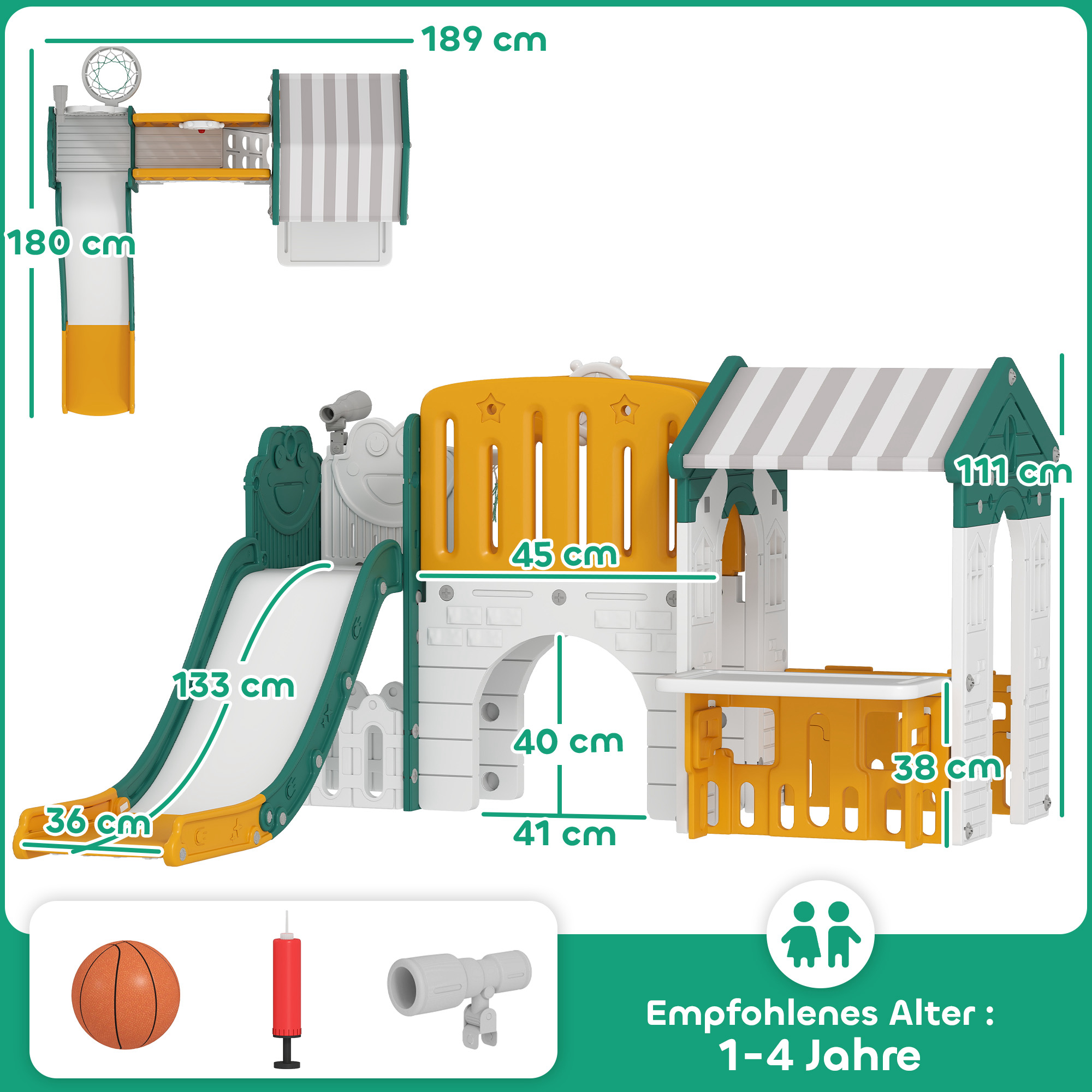 7-in-1 Kinderrutsche, Indoor-Spielplatz, Klettergerüst, Haus, Tafel, Basketballkorb, 1-4 Jahre, Kunststoff, Gelb+Grün
