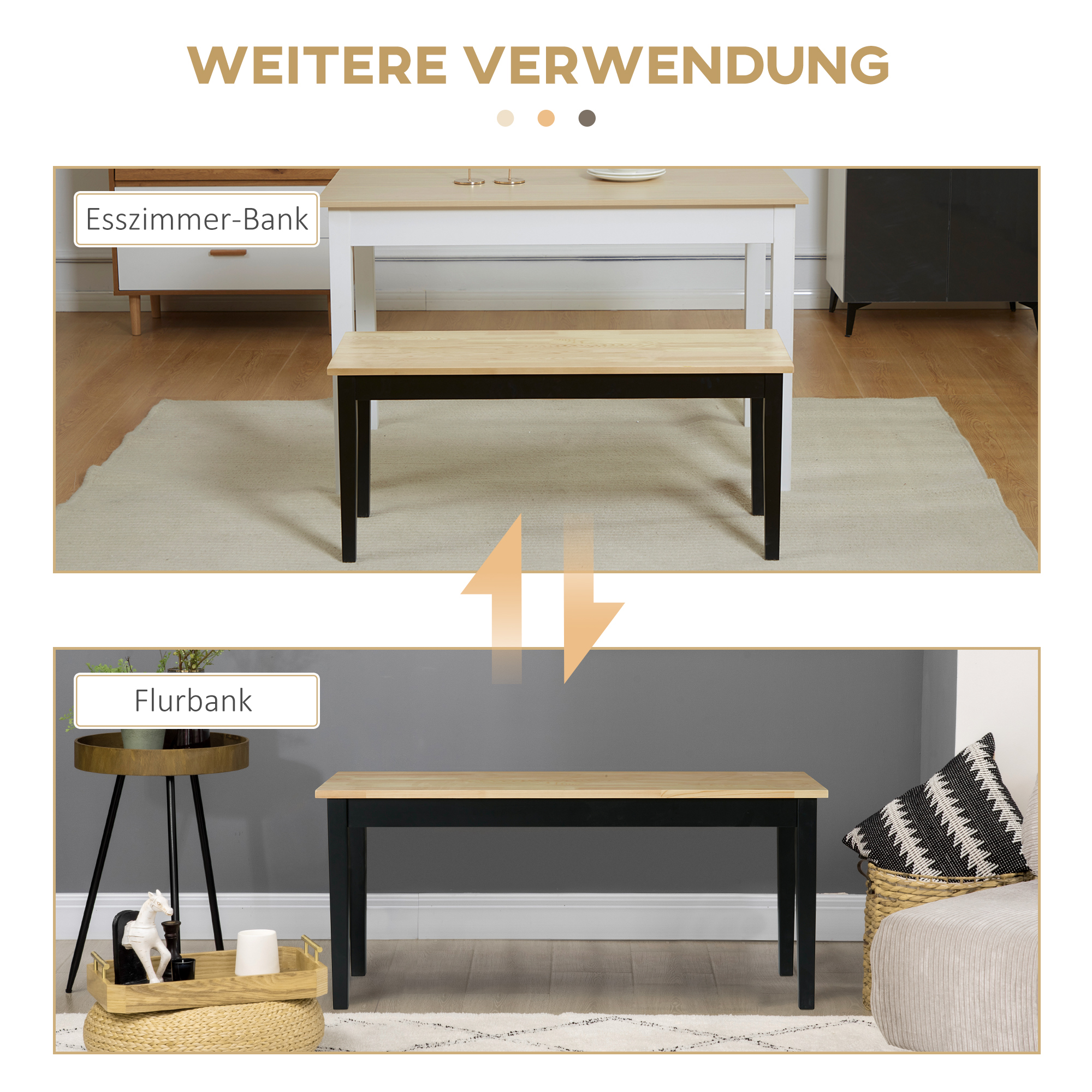 Moderne Sitzbank für 2 Personen, Holzbank, Massivholz, lackiert, Natur+ Schwarz