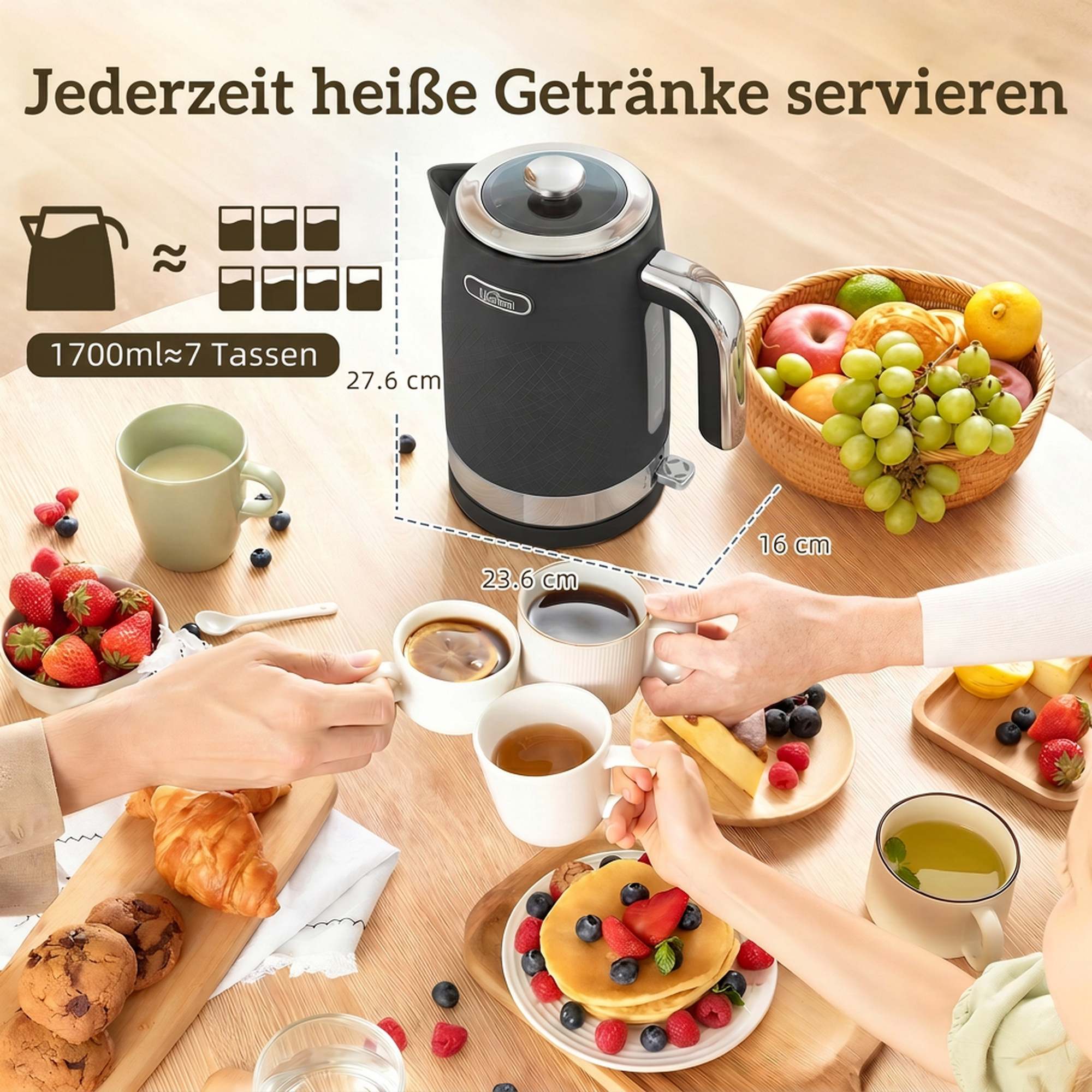 Wasserkocher- und Toaster-Set, 1,7 l 2200 W Schnellkoch-Wasserkocher mit Thermostat, 2-Scheiben-Toaster, Schwarz