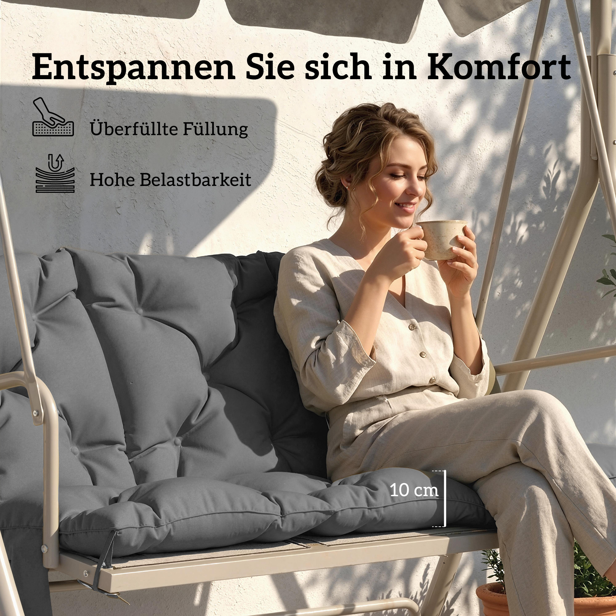 Bankkissen wasserabweisend rutschfest Outdoor-Schaukelpolster mit Rückenlehne & Befestigungen 150 x 100 cm dunkelgrau