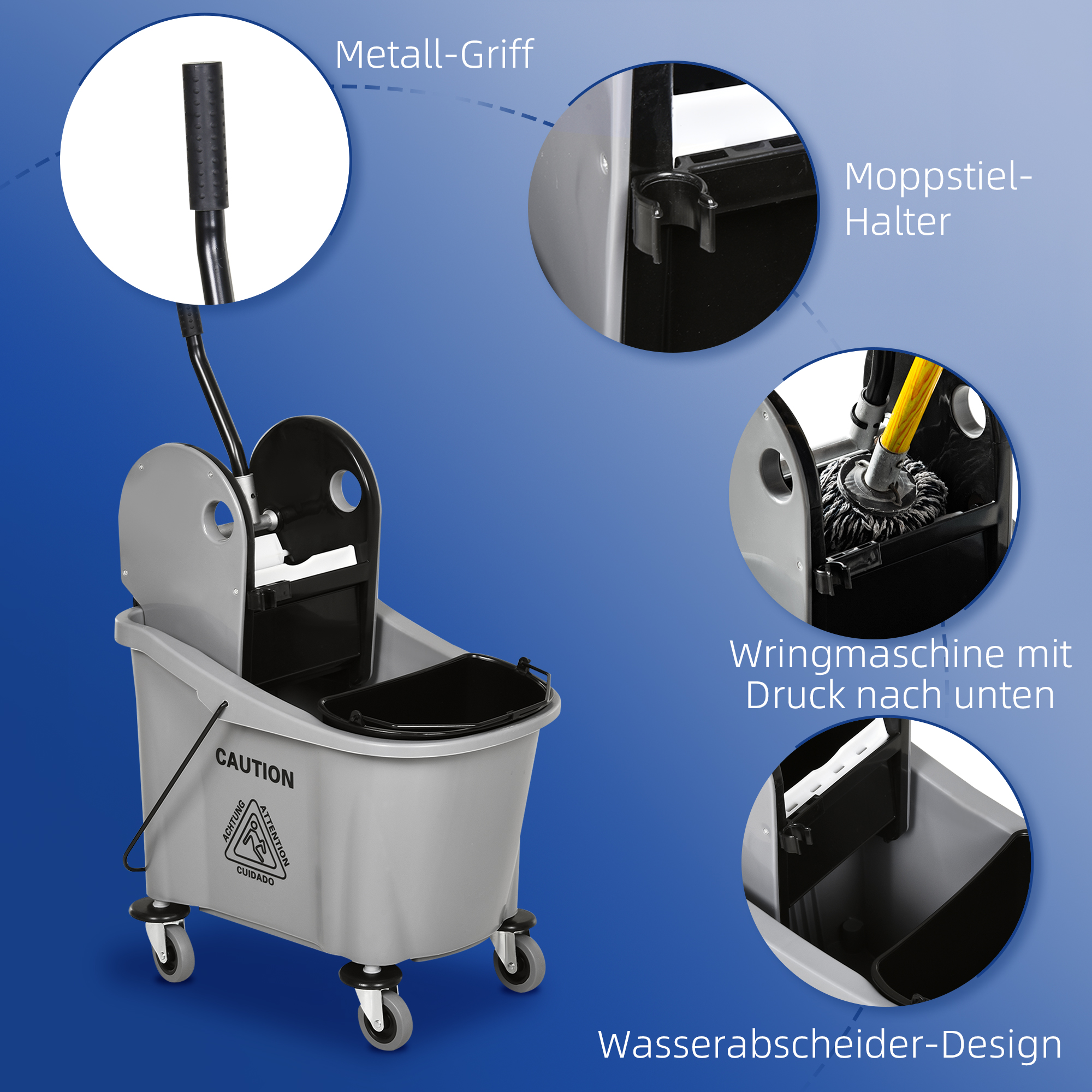 Wischwagen mit Mopp-Presse, 36L, Wassertrennwand, 4 Rollen, Schwarz/Grau