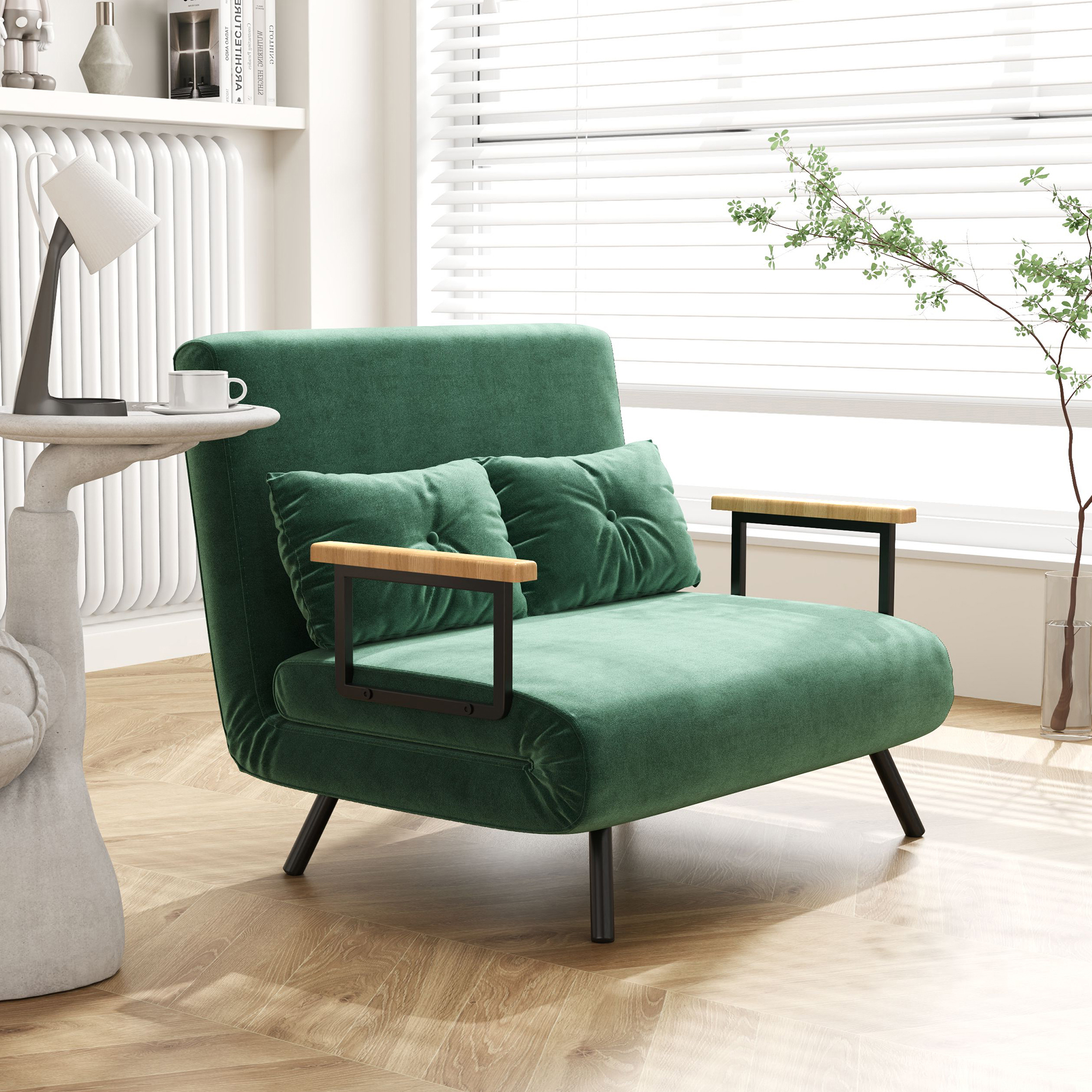 Schlafsofa 2er-Sofa Samtsofa, Schlaffunktion, inkl. 2 Kissen, Samtoptik, Natur + Grün