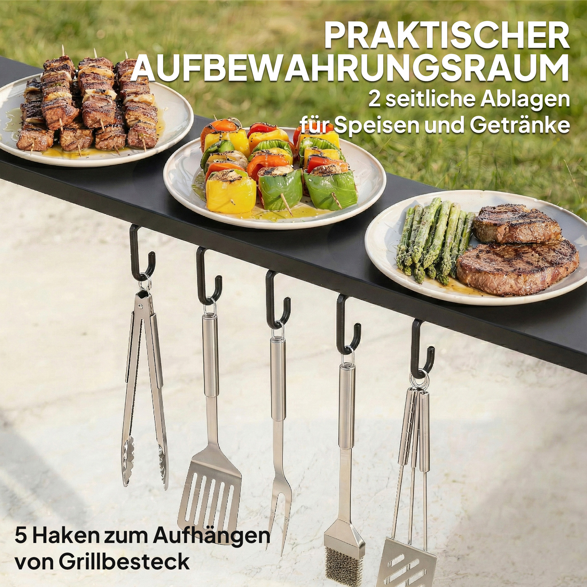 Grillpavillon 2,52 x 1,56 m, Wasserdicht Grill Pavillon mit Satteldach Seitenablage Haken Stahlrahmen Schwarz