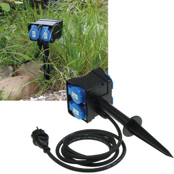 Gartensteckdose mit Erdspieß, 4-fach - IP44, 2m Kabel Gartensteckdose mit Erdspieß, 4-fach - IP44, 10m Kabel